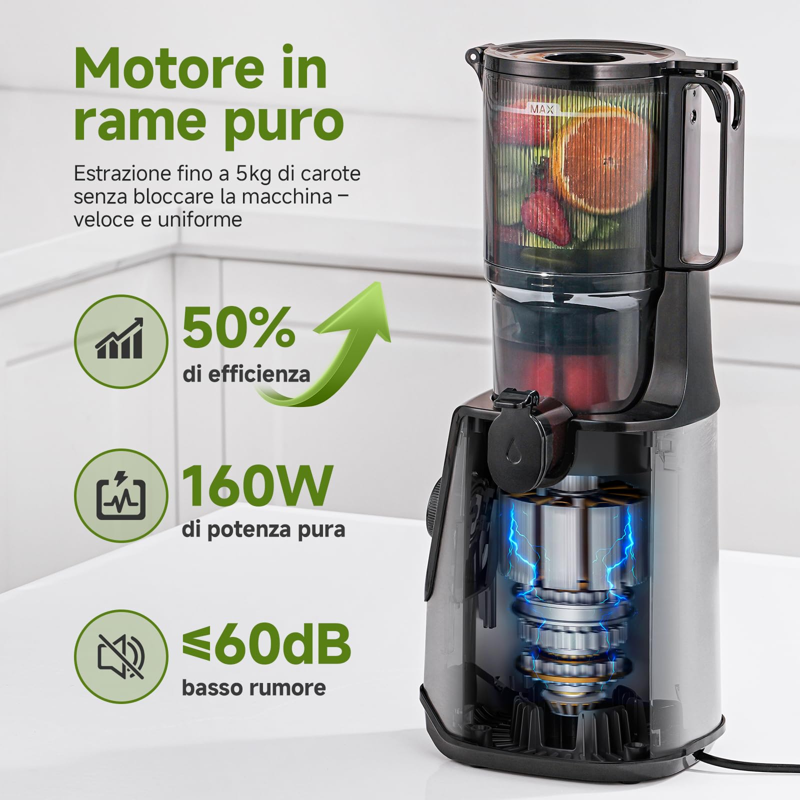 AMZCHEF Estrattore di Succo Lento 118mm Scivolo Largo – Silenzioso, Filtro Doppio, Funzione Inversa – Estrattore Frutta e Verdura Facile da Pulire