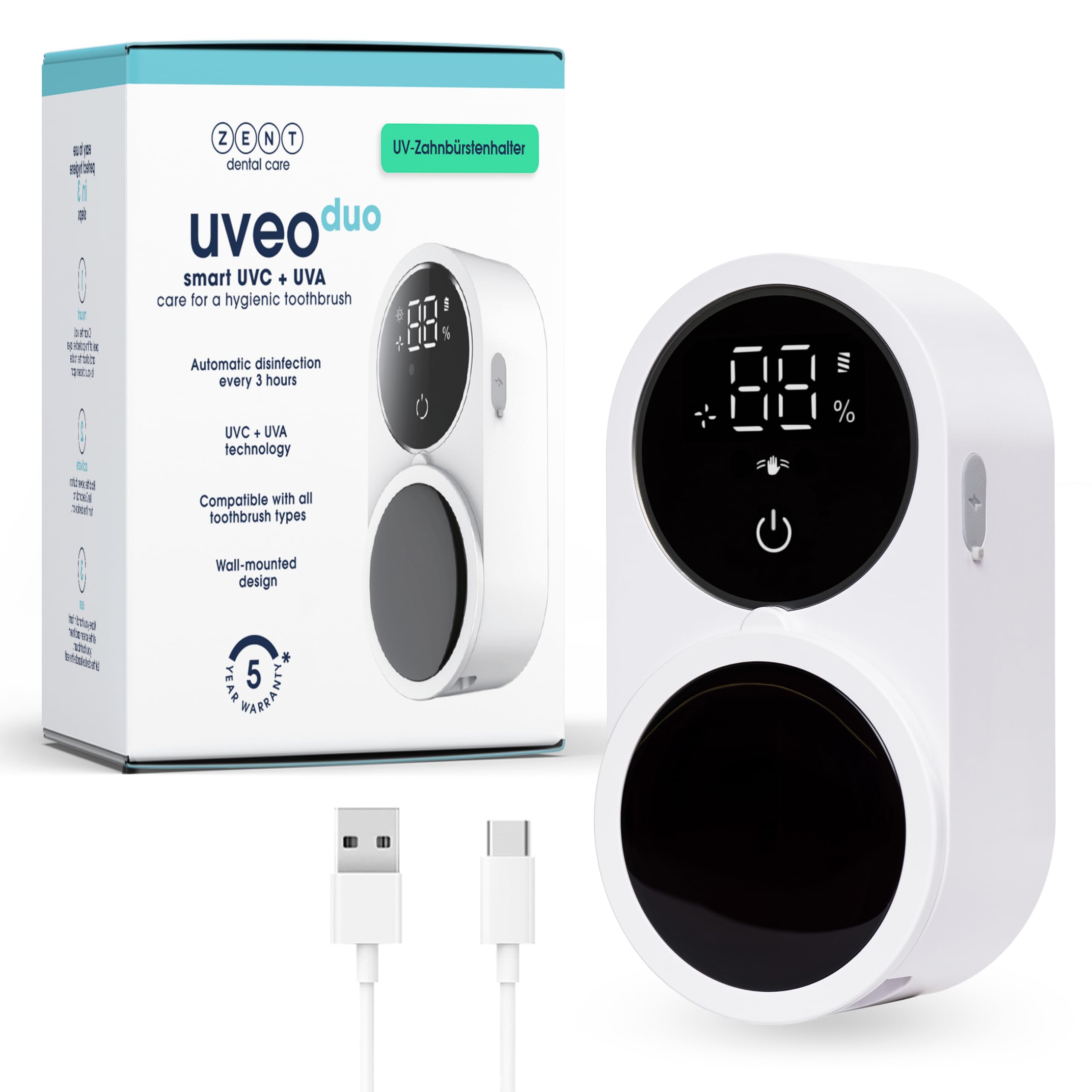 ZENT Zahnbürsten Sterilisator - Doppelte Desinfektion UV-C und UV-A | Zahnbürstenhalter mit Desinfektion - Wandmontage ohne Bohren - Robuste Batterie bis zu 50 Tage