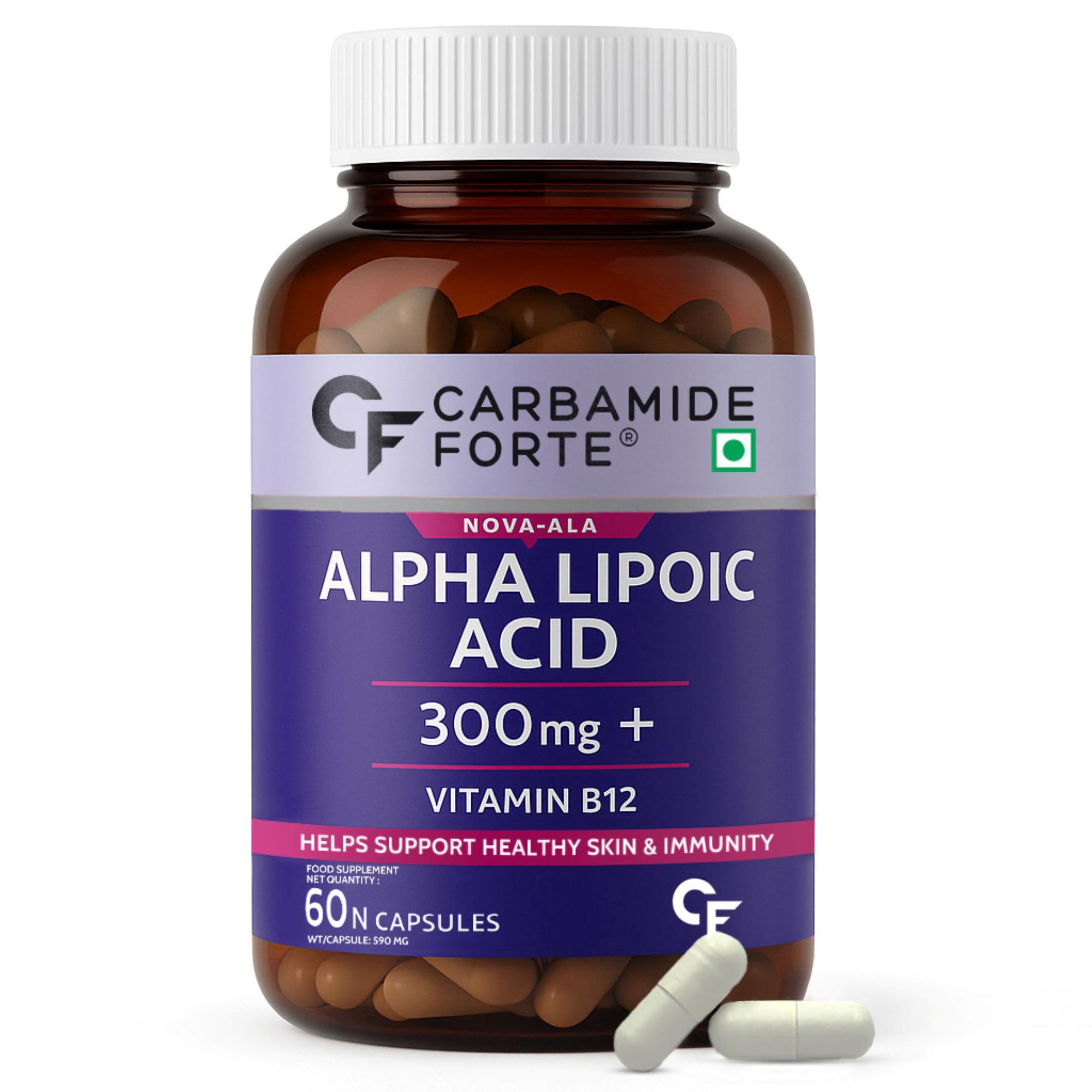 Carbamide Forte Alpha Lipoic Acid 300mg - ALA Capsules with Vitamin B12 & Lycopene | ALA Supplement | Supports Healthy Skin & Immunity - 60 Veg Alpha Lipoic Acid Capsules