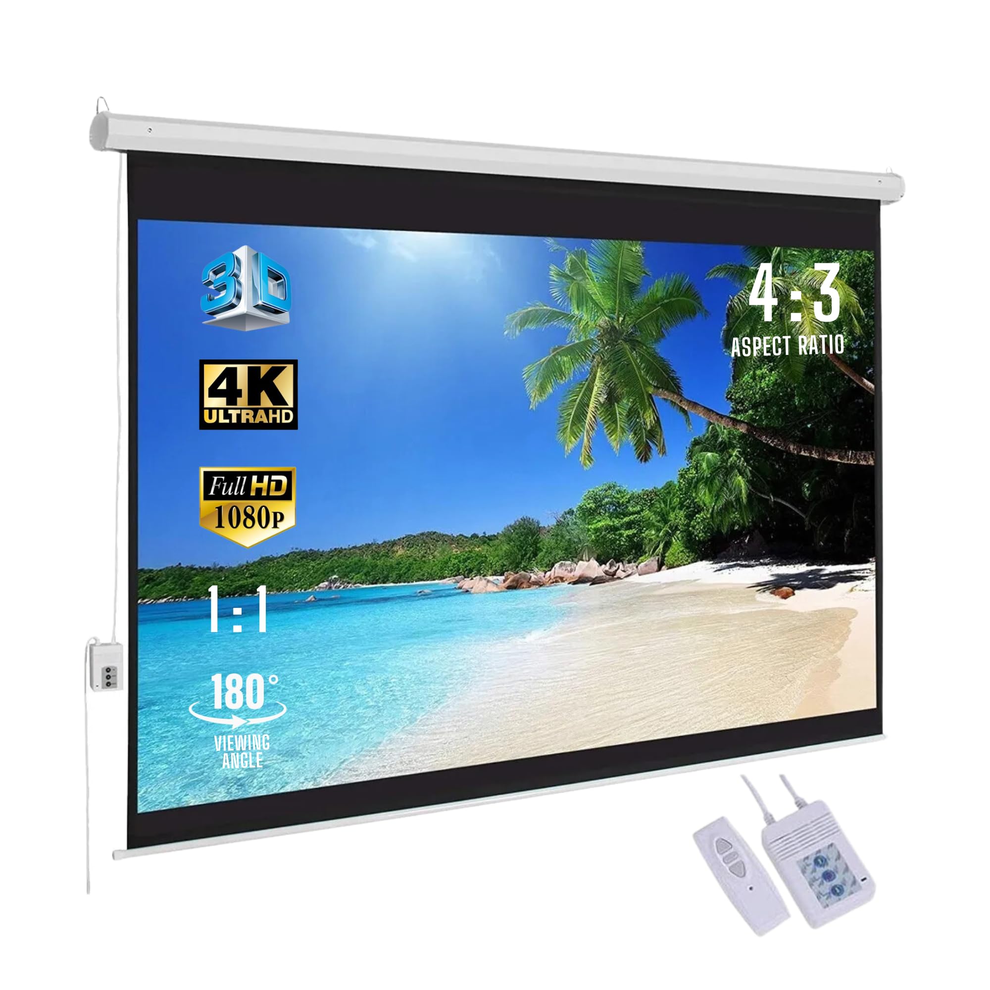 7ft X 5ft Motorised 100inch Projector Screen/Home Theatre Screen with Remote Diagonal 4:3 Aspect Ratio Adjustable to 16:9 UHD-3D-4K Ready Technology