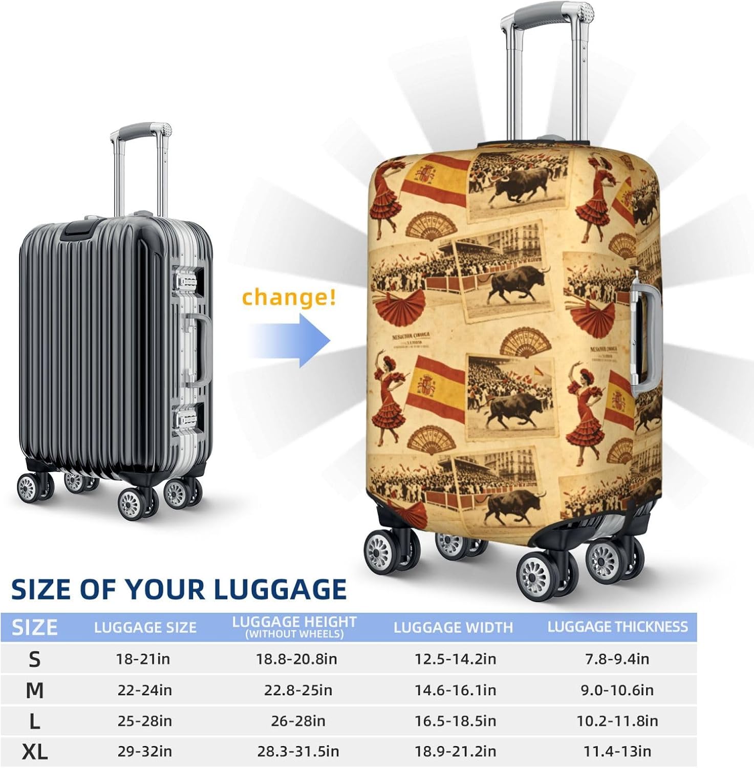 Spain Bullprint Premium Suitcase Cover | Durable Polyester Elastic Luggage Cover With Zipper & Buckle, Travel Suitcase Protector For Medium Large Bags