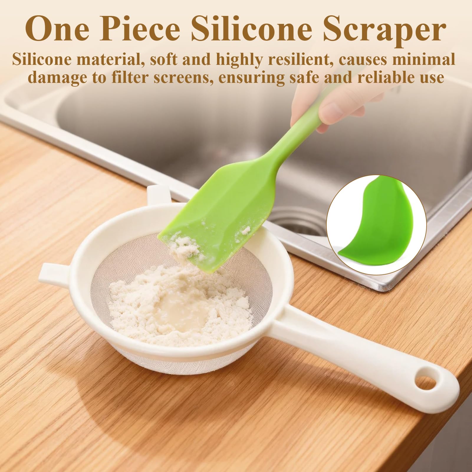 Sekfpnk Colador de plástico blanco con raspador de silicona verde, 14 cm de diámetro, apto para filtrar yogur, fruta, leche de soja y verduras — view 4