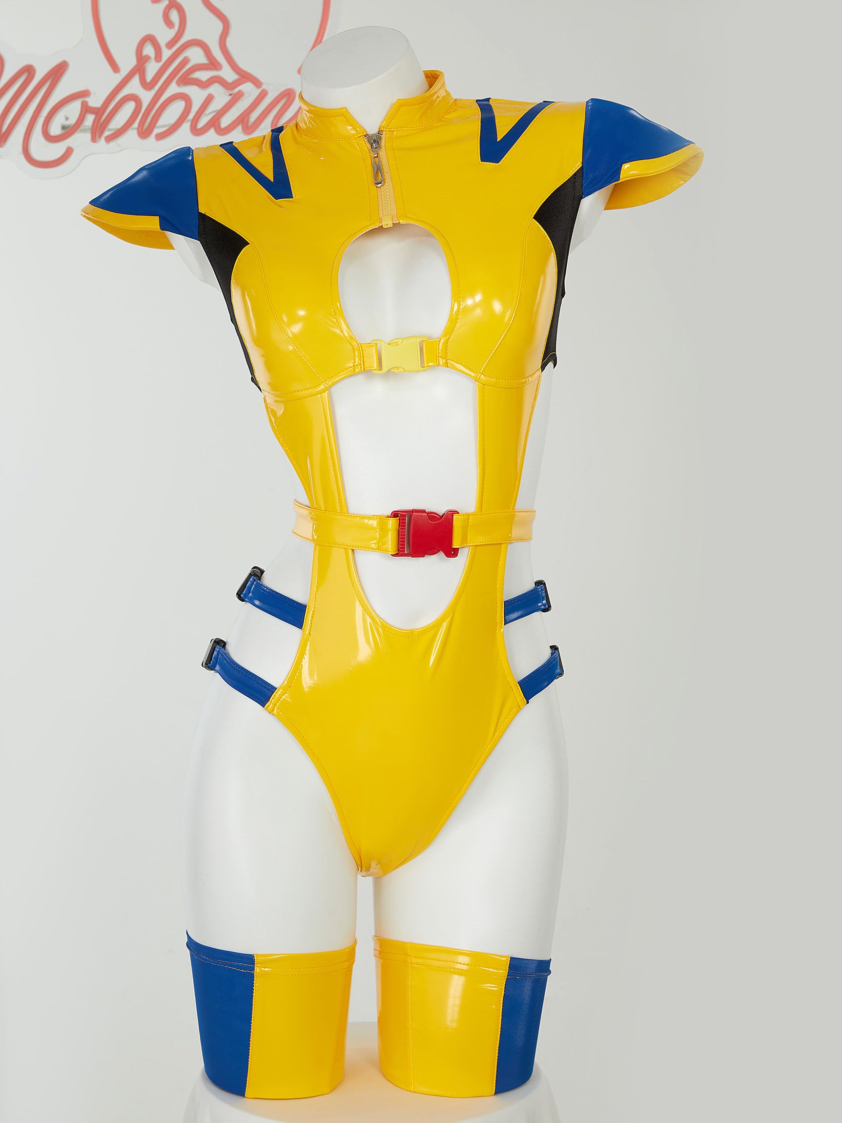 Mobbunny Cosplay Costume for Women Movie Derivative Sexy Lingerie Set Bodycon Outfit Cutout Bodysuit with Gloves Mask: Small Yellow