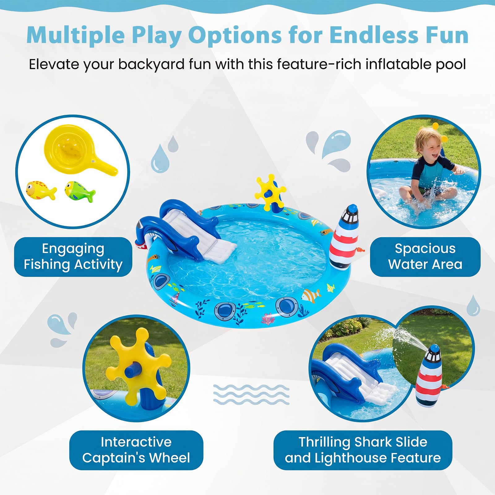 HOMASIS Piscina Gonfiabile per Bambini 2-6 Anni, Piscinetta con Scivolo Sicuro, Spruzzo a Faro e Giocattoli, Parco di Giochi in Vinile, Gonfiaggio Facile, per Cortile e Giardino, 188 x 153 x 63 cm