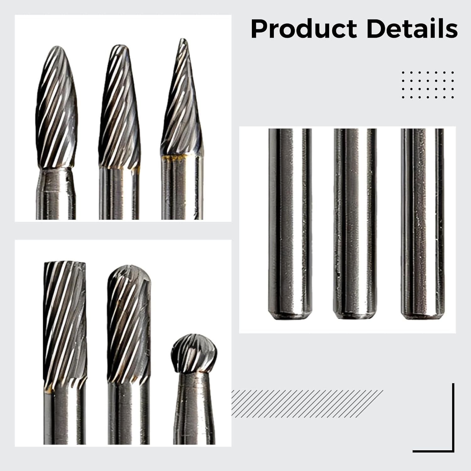 Tungsten Carbide Burr Set, Includes 8 Pcs, Single Cut Rotary Milling Tool Kit, 0.24 in 6mm Shank Die Grinder Bits for Metal Deburring, Grinding, Polishing, Carving, Overall Length 2.2-2.4 in