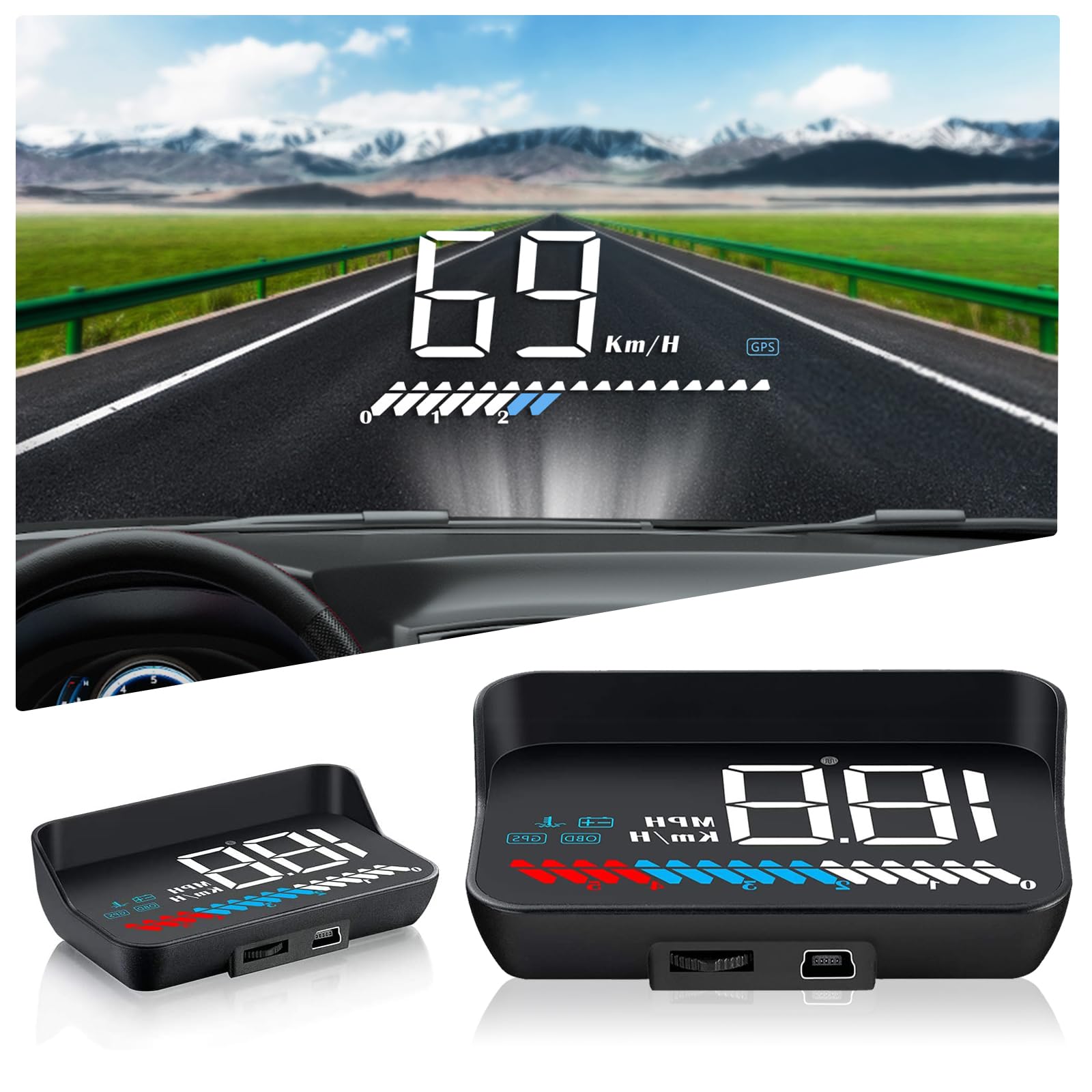 Auto HUD Display OBD2 & HUD Display GPS Dual System, Tachimetro Auto Misuratore di temperatura dell'acqua Misuratore di velocità del motore Allarme di sicurezza applicabile a tutti i veicoli