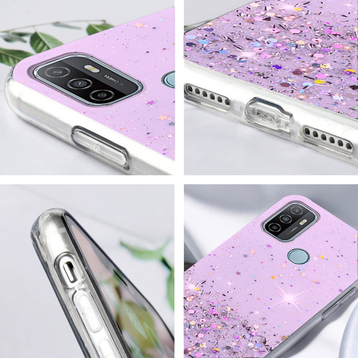 Cover Per OPPO A53s In Silicone Rosa Con Glitter | Custodia Trasparente Morbida E Sottile, Regalo Donna - copertina