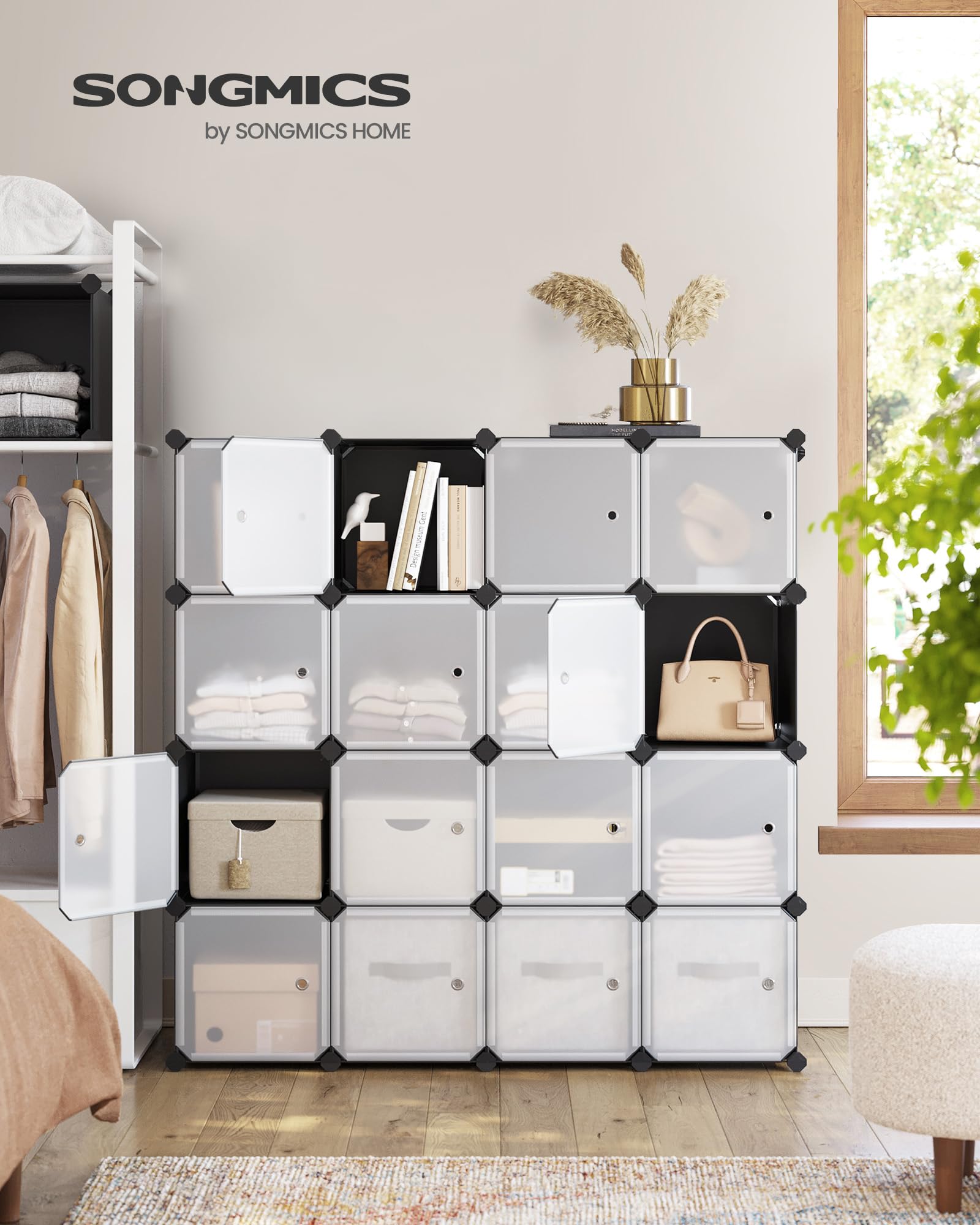 SONGMICS Meuble de Rangement Modulable, 16 Cubes, Étagère en Plastique, avec Portes, pour Vêtements, Chaussures, Livres, Assemblage Facile, Noir LPC44HS