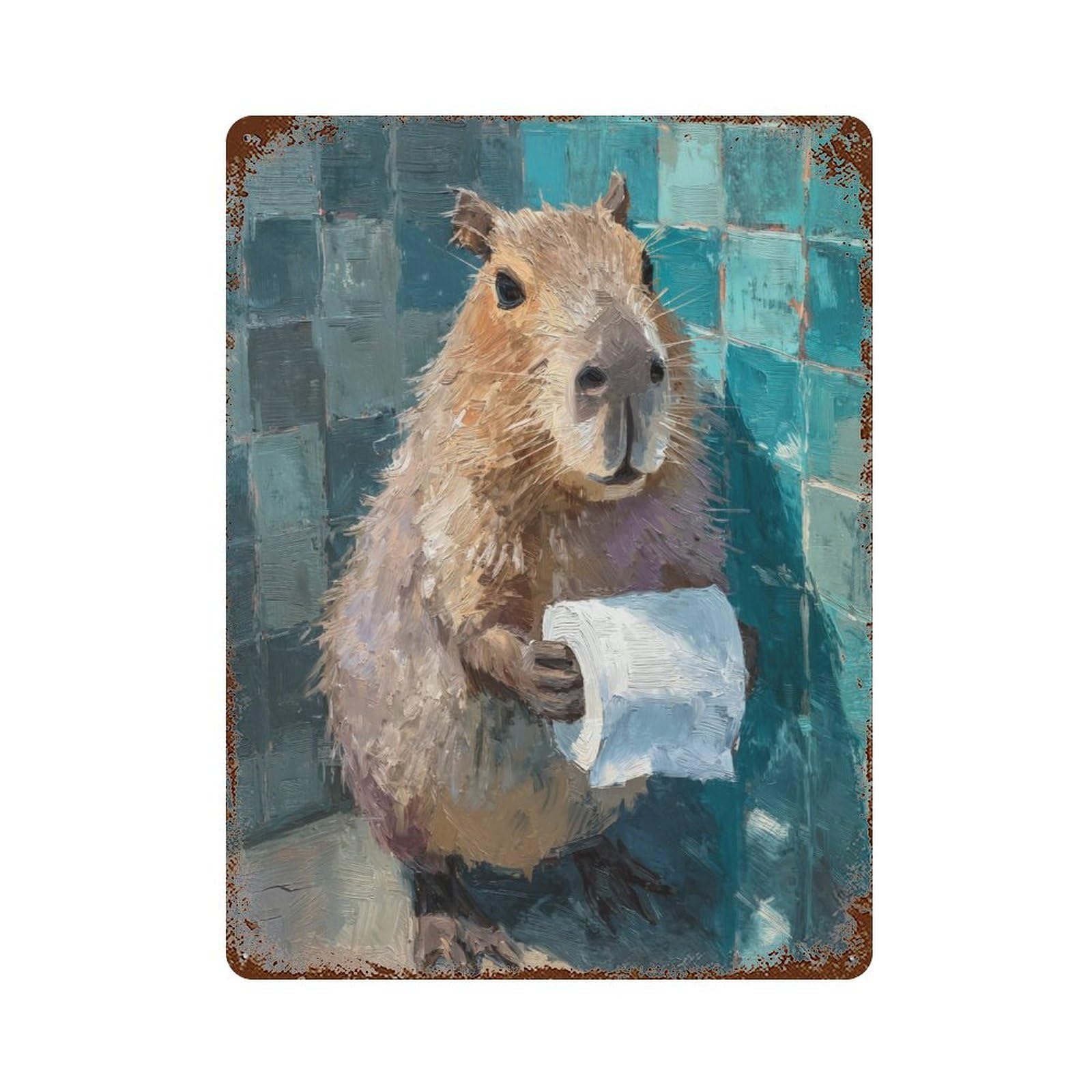 Capybara with Toilet Paper in Bathroom Decorative Tin Sign 15.7"x11.8", Vintage Wall Decor for Basement, Hobby Room And Garage Decor