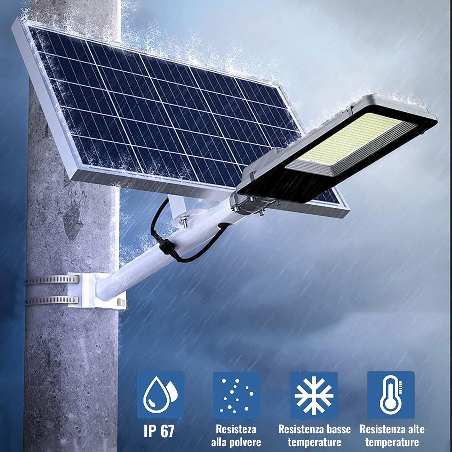 Generico Faretto a Led da 1000W Lampione Stradale con staffa e Pannello Solare Telecomando Luce Bianca Potente 858 LED SMD 6500K