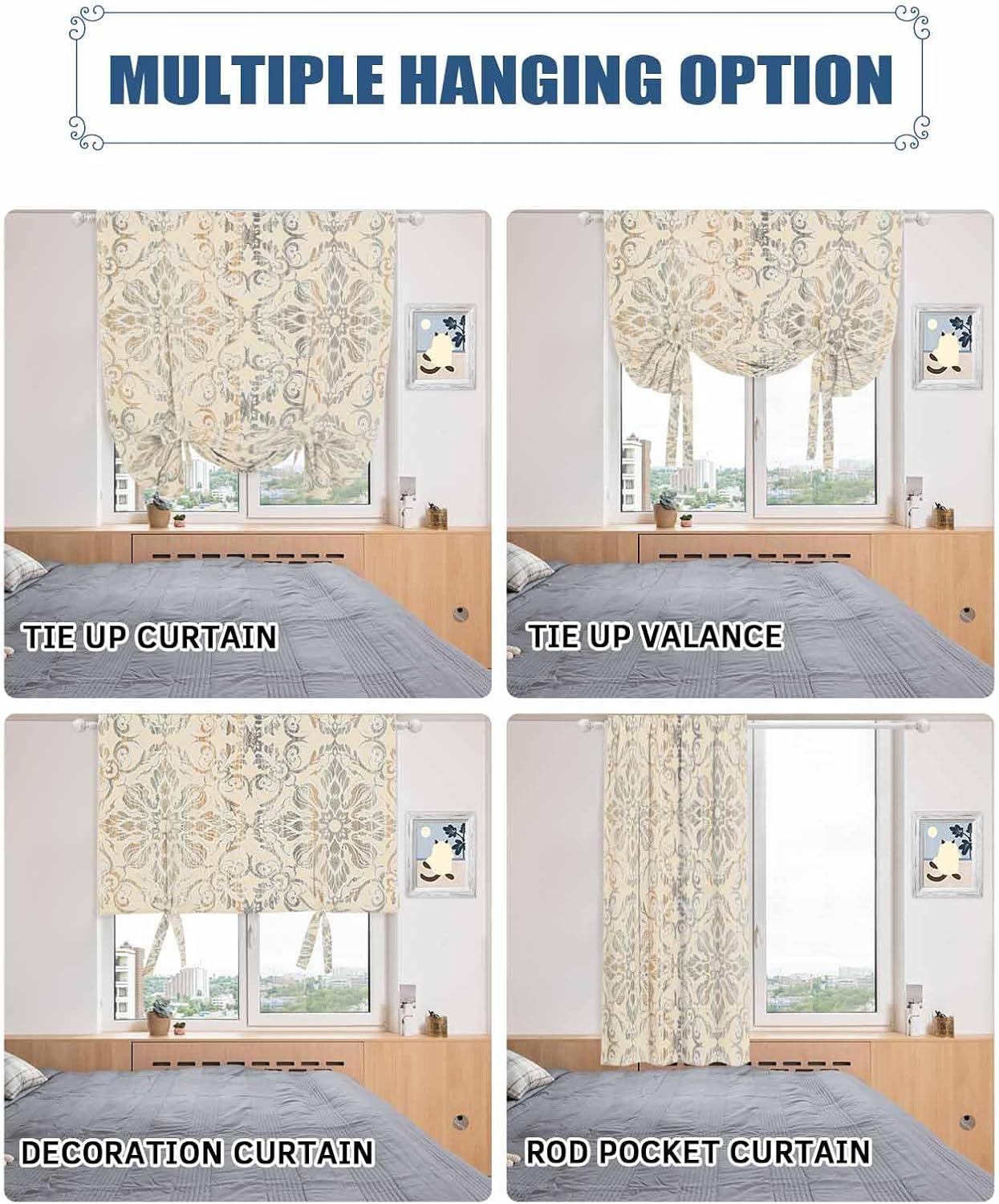 Tie Up Curtains Tie Up Window Shade, Abstract Geometric Floral Yellow Bohemia Style Adjustable Balloon Curtains Blackout Tie Up Curtains for Windows Rod Pocket Panel, 42" W x 63" L