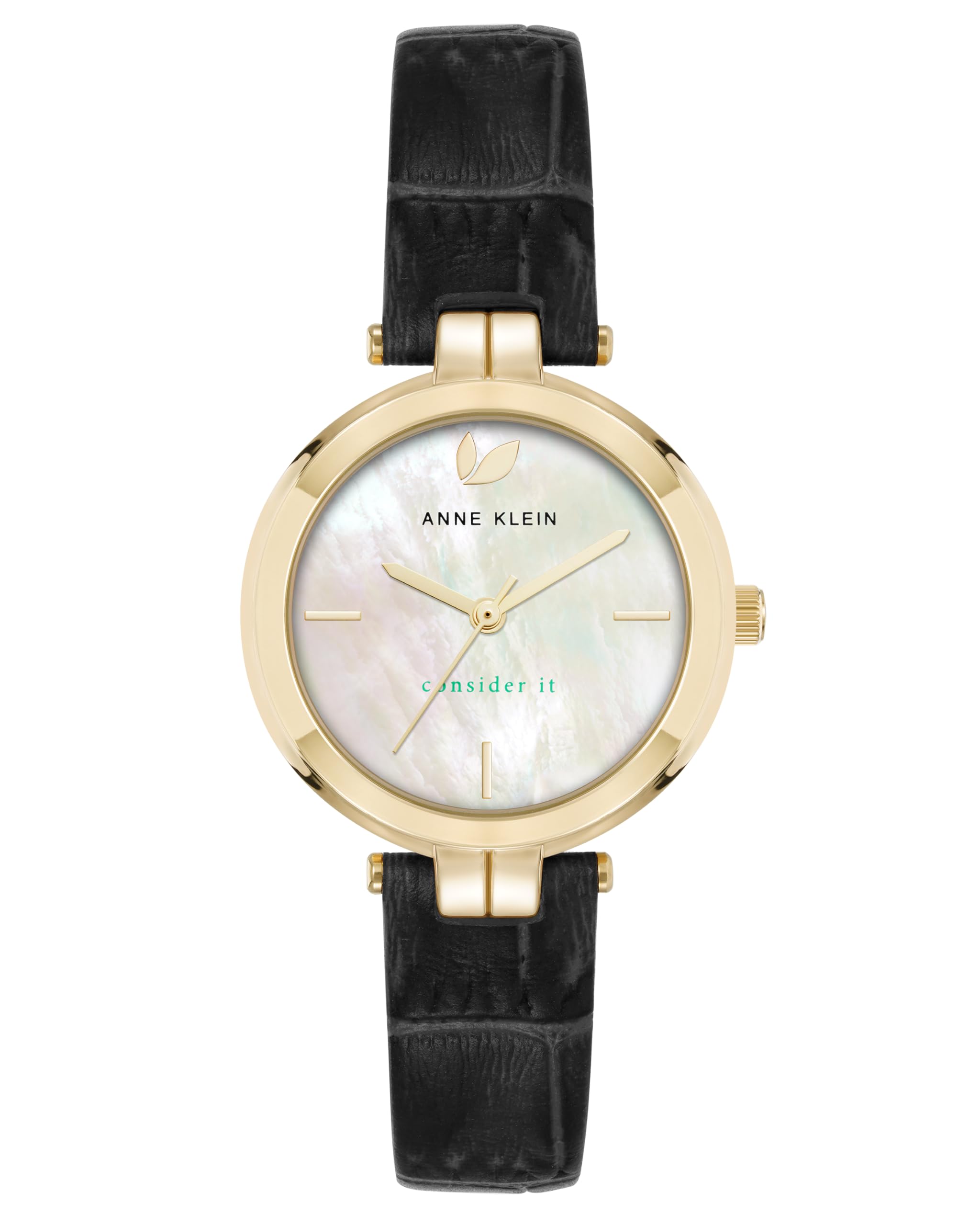Anne Klein Women's Sustainable Leather Strap Watch, AK/5150,Black/Gold