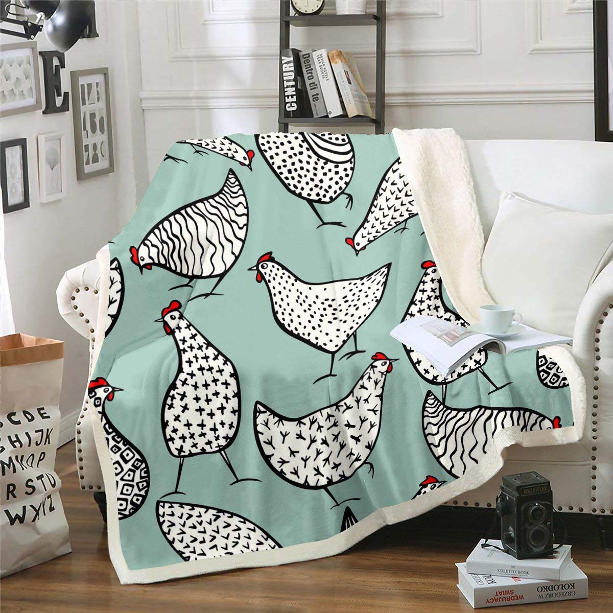 Erosebridal Chicken Bed Blanket, Cartoon Chicken Sherpa Blanket for Kids Boys Girls, Farm Animal Flannel Blanket, Teal Throw Blanket for Camping Child's Dorm Guest Room Decor Queen