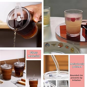400ML Iced Coffee Cups With Lids and Straws 2 Pcs, Unbreakable Glasses Drinking Set, Tumbler Cups Reusable Iced Coffee Glass Tumbler with Lid and Straw, Cup for Iced Tea, Juice, Water, Dishwasher Safe
