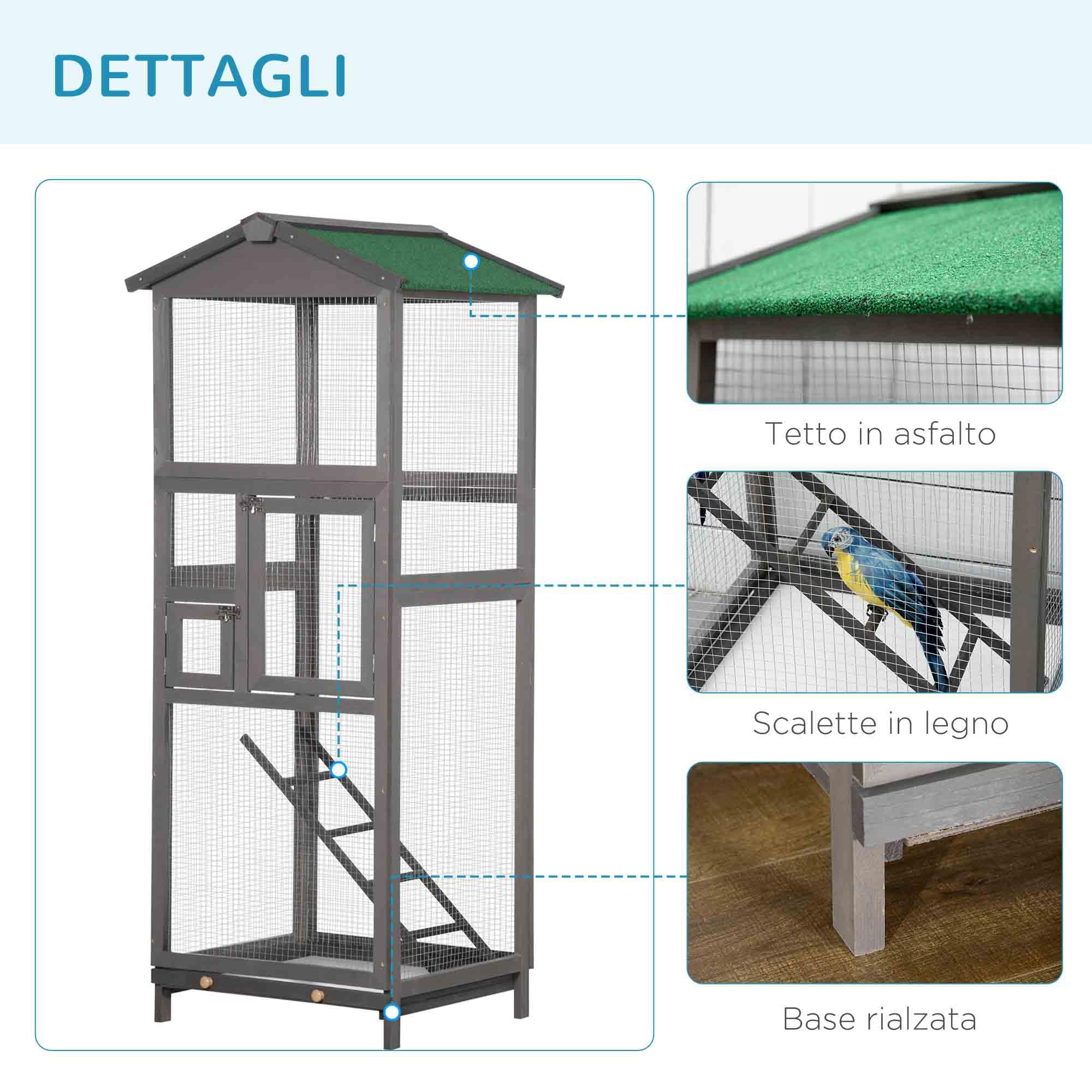 PawHut Gabbia per Uccelli in Legno di Abete e Rete Metallica, Voliera per Uccelli da Esterno con 2 Porte, Tetto in Asfalto e Vassoio Estraibile, 68x63x165 cm, Grigio Chiaro