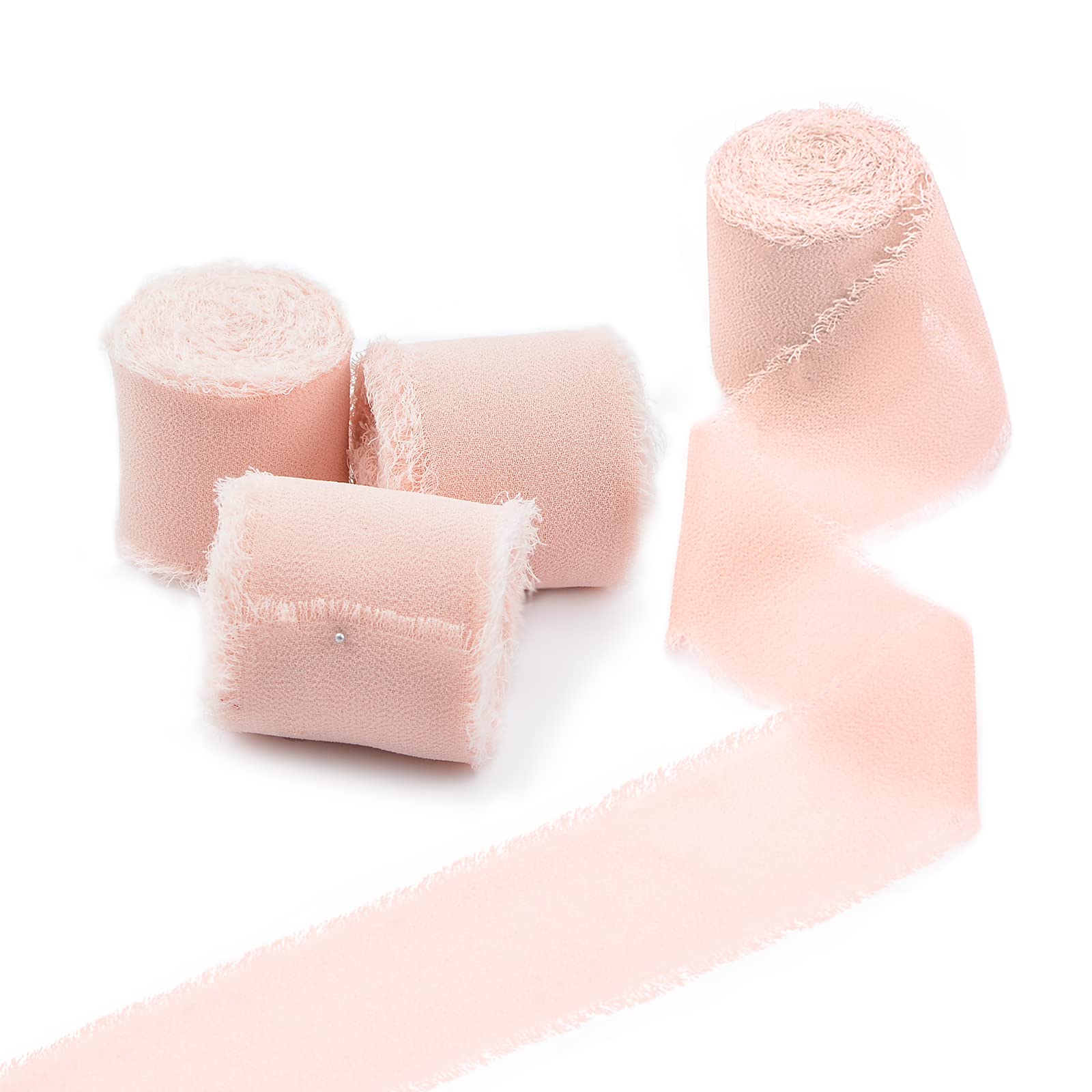 WANDIC3 Rolls Chiffon Ribbon Fringe, White Frayed Edges Ribbon Silk-Like Ribbon Fringe Edges Ribbon for Gift Bouquet Wrapping Wedding Festival Decor DIY Craft（White (Bare Pink, 4pcs-3.8cm)