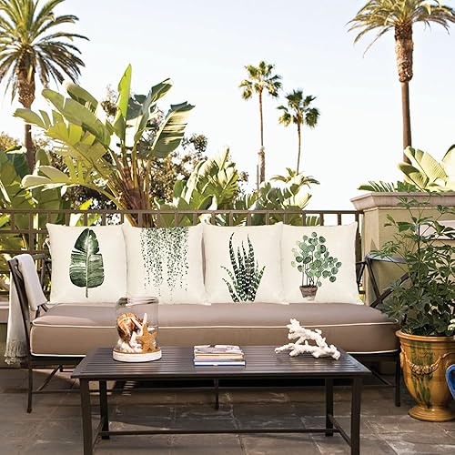 Miniatura 6 de Neatee Living Juego de 4 fundas de almohada decorativas de plantas verdes de 20 x 20 pulgadas, fundas de almohada cuadradas de lino para exteriores,
