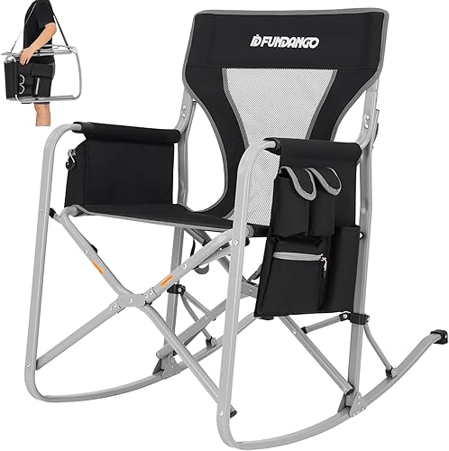 FUNDANGO Mecedora de camping para adultos, mecedora portátil de gran tamaño plegable al aire libre con enfriador y bolsillo lateral para exterior,