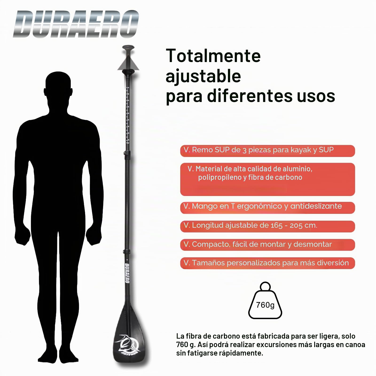 Remo de Carbono con Bolsa - 3 Piezas para Sup Kayak Stand-Up Paddling Board Velocidad Profesional - Remo Ligero 760 g Telescópico Ajustable 165-205 cm kajak Tabla de Surf Sistema enchufable