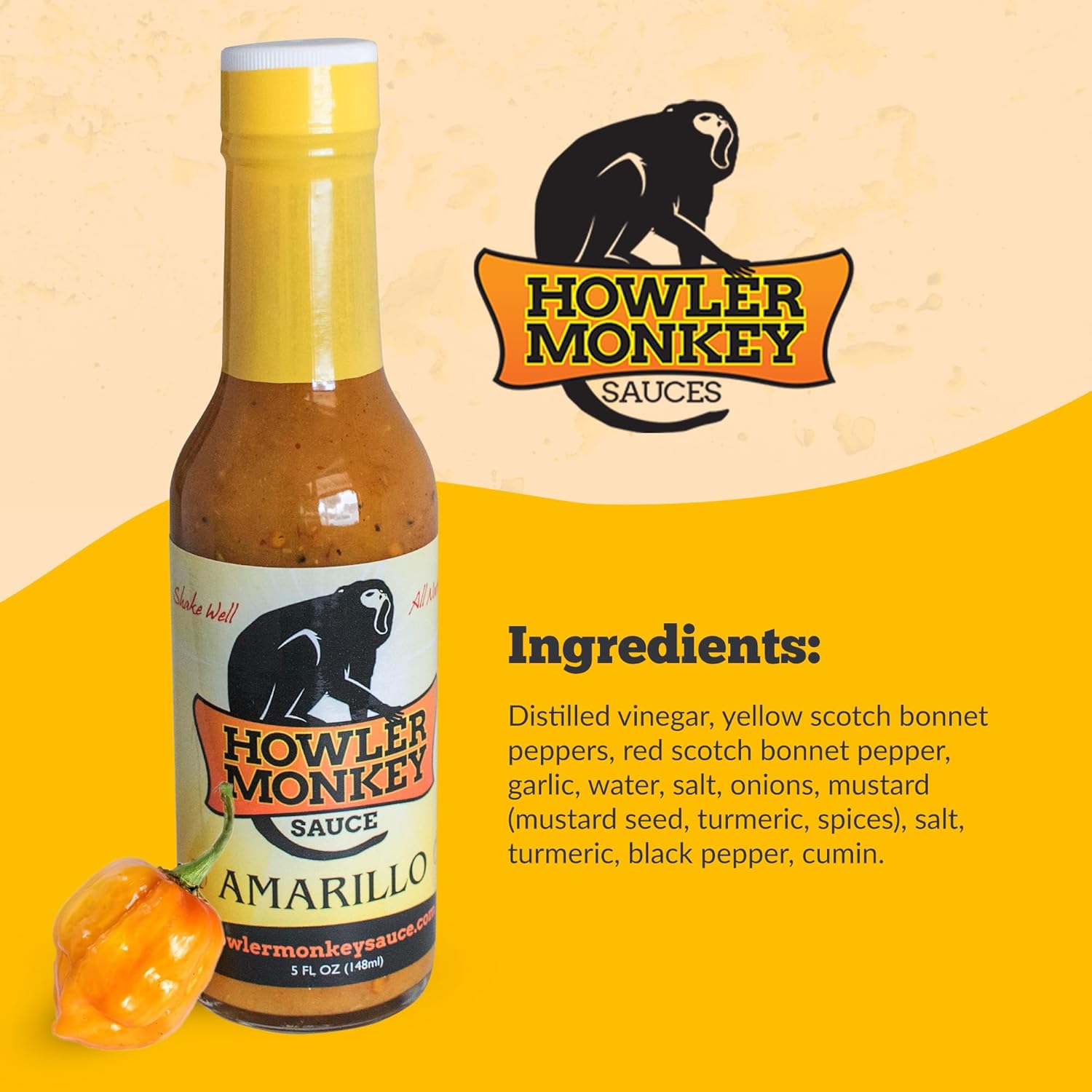 Howler Monkey Sauce Amarillo - Panama Hot Sauce - Gluten-Free, No Carbs, Low Sodium - No Thickeners, Preservatives, or Added Sugars - 5 oz (4-Pack)