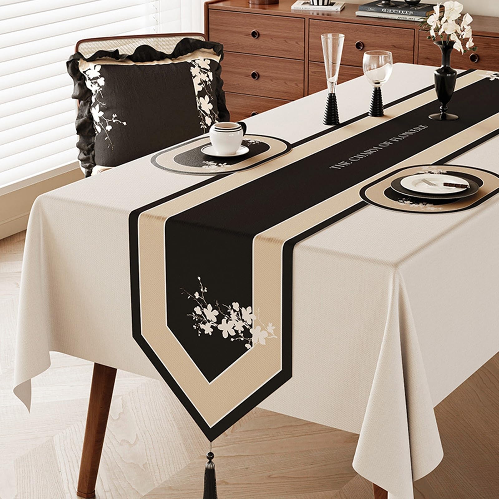 Chemin de Table Champetre 30x240cm, Décoration de Table Salle à Manger Effet Lin avec Motif Floral Vintage