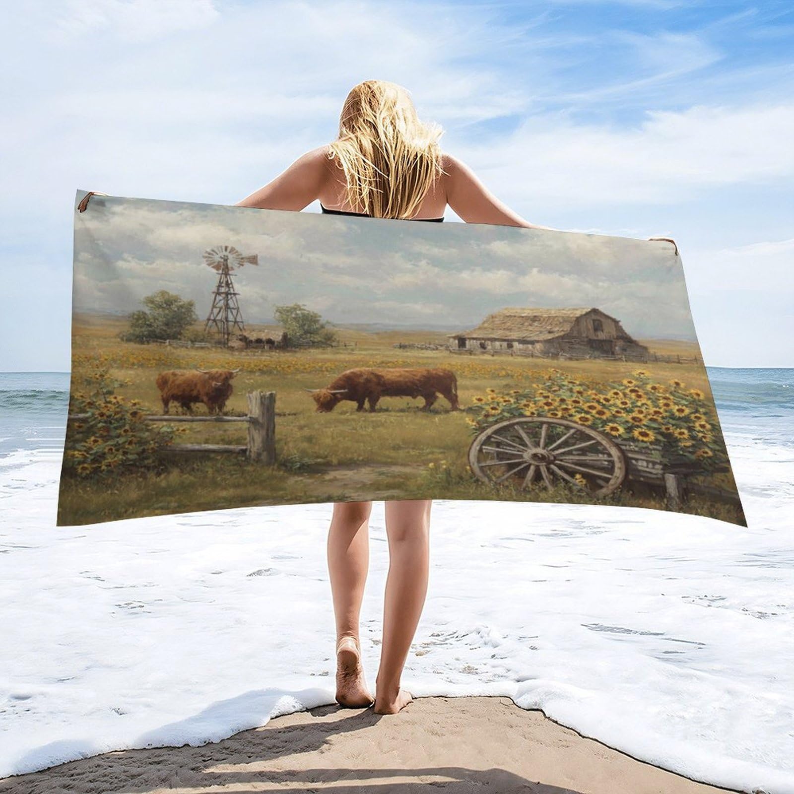 Luyysky Vintage Funny Highland Cow Quick-Drying Beach Towel, Rustic Watercolor Western Barn Windmill Sunflowers Animal Cow Travel Vacation Single Sided Pile Bathroom Towels-80 W Cm X 160" L Cm