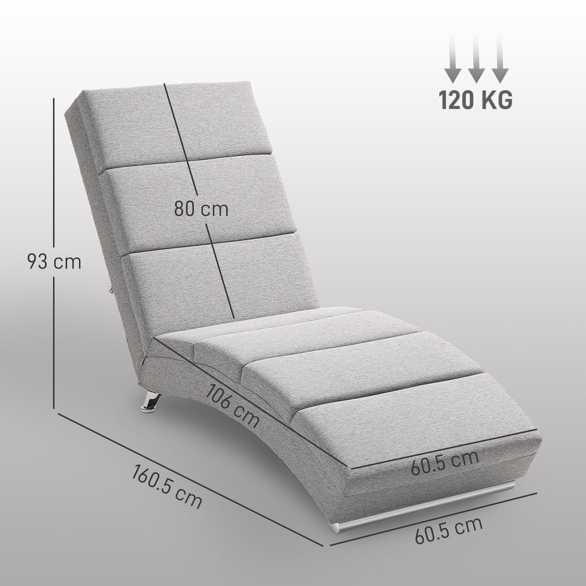 HOMCOM Poltrona Chaise Longue Ergonomica con Schienale Alto in Tessuto, Sdraio Relax con Imbottitura Spessa e Gambe in Acciaio, 160.5x60.5x93 cm per Soggiorno, Camera da Letto e Salotto, Grigio Chiaro