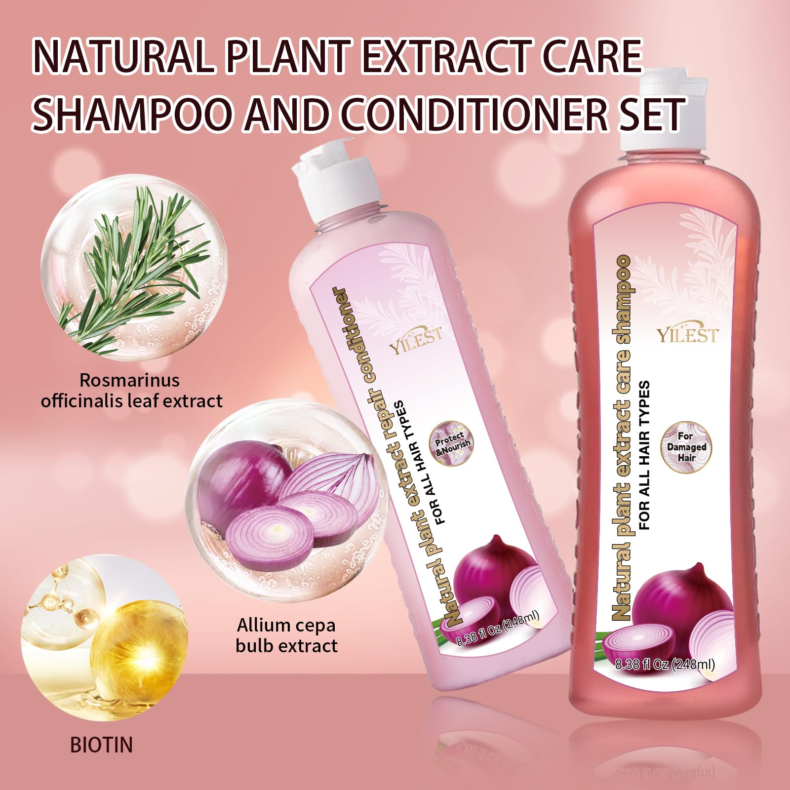 Onion Biotin and Rosemary Shampoo, Onion Rosemary Shampoo Set for Soft Hair & Shine for Hair Growth (Light Pink)