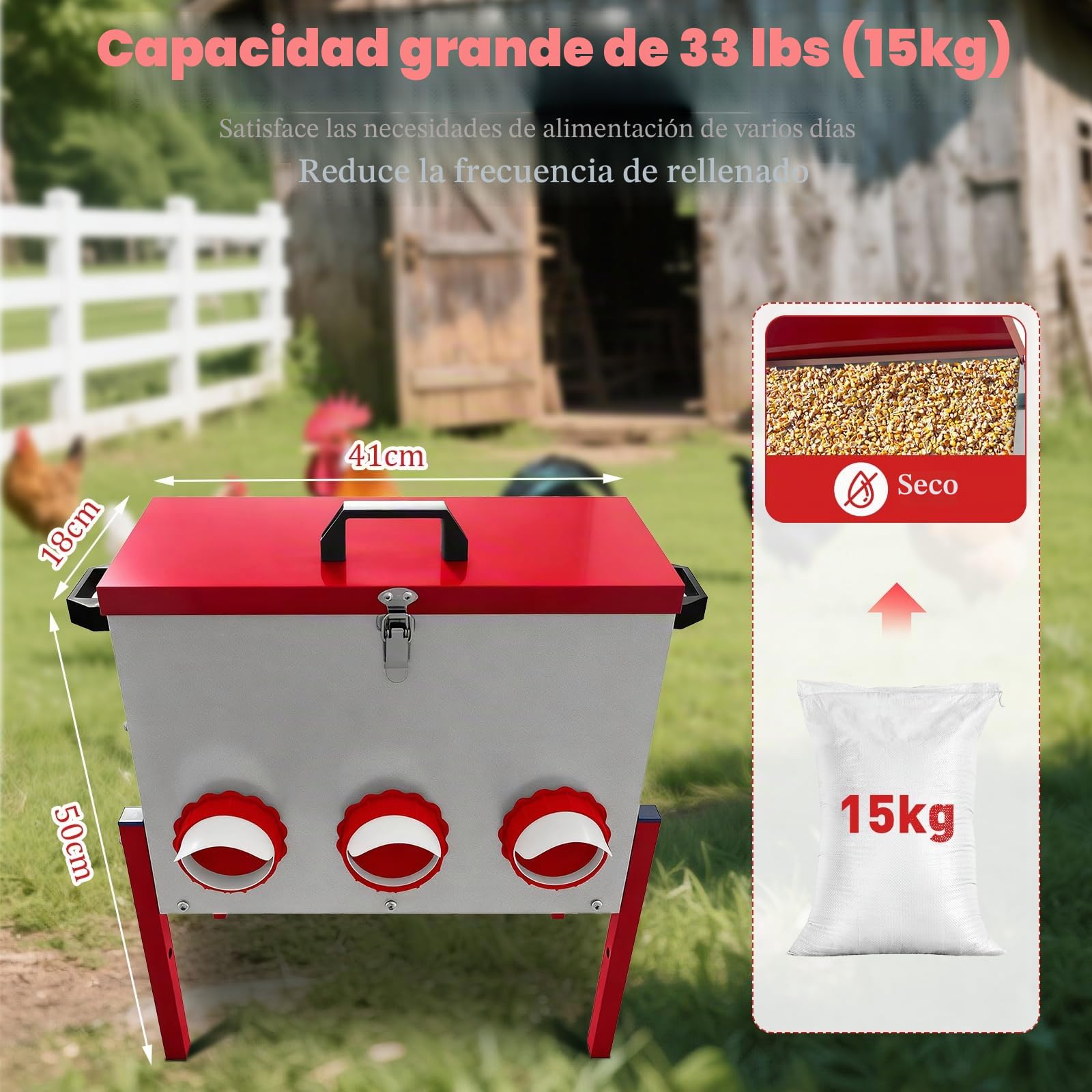 Comedero Gallinas Gran Capacidad 15 kg (33 lbs), Comedero para Gallinas Anti Ratas, Impermeable y Resistente a la Humedad, con 6 Agujeros, para Patos/Gansos, Gallinero Exterior/Granja/Patio Trasero