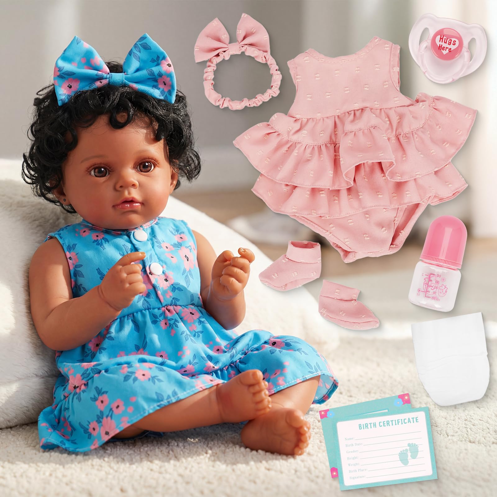 Babesnug Realistic Black Reborn Baby Dolls with Two Outfits - 18 Inch Lifelike Newborn Baby Doll Girl, Soft Vinyl Limbs & Weighted Cloth Body, Gift for Gift for Kids Girls Collectors Elderly