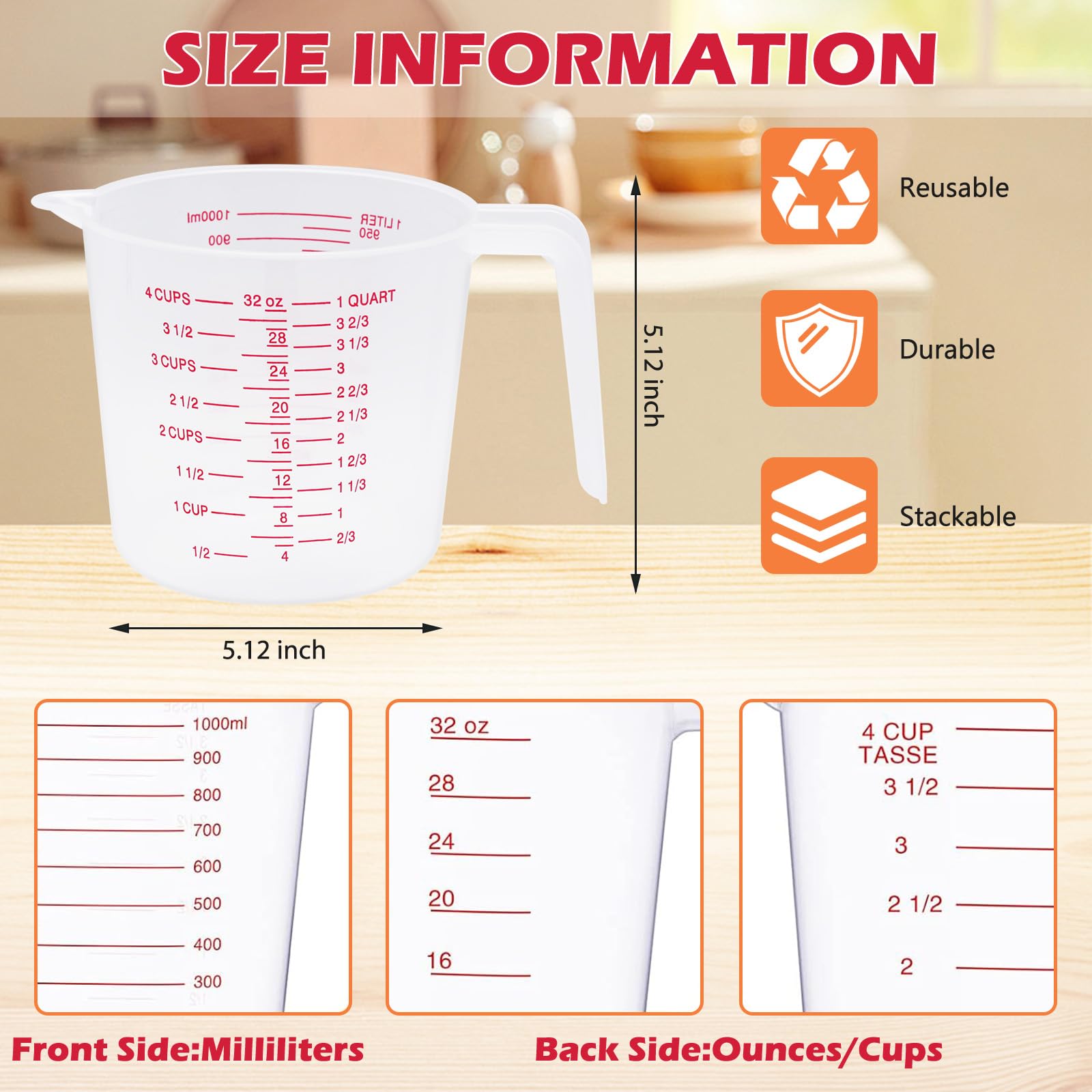 8 tazas medidoras de plástico con capacidad para 4 tazas, 32 onzas/1000 ml, tazas medidoras graduadas transparentes con boquilla y asas, marca de taza de onzas y ml para ingredientes de recetas,