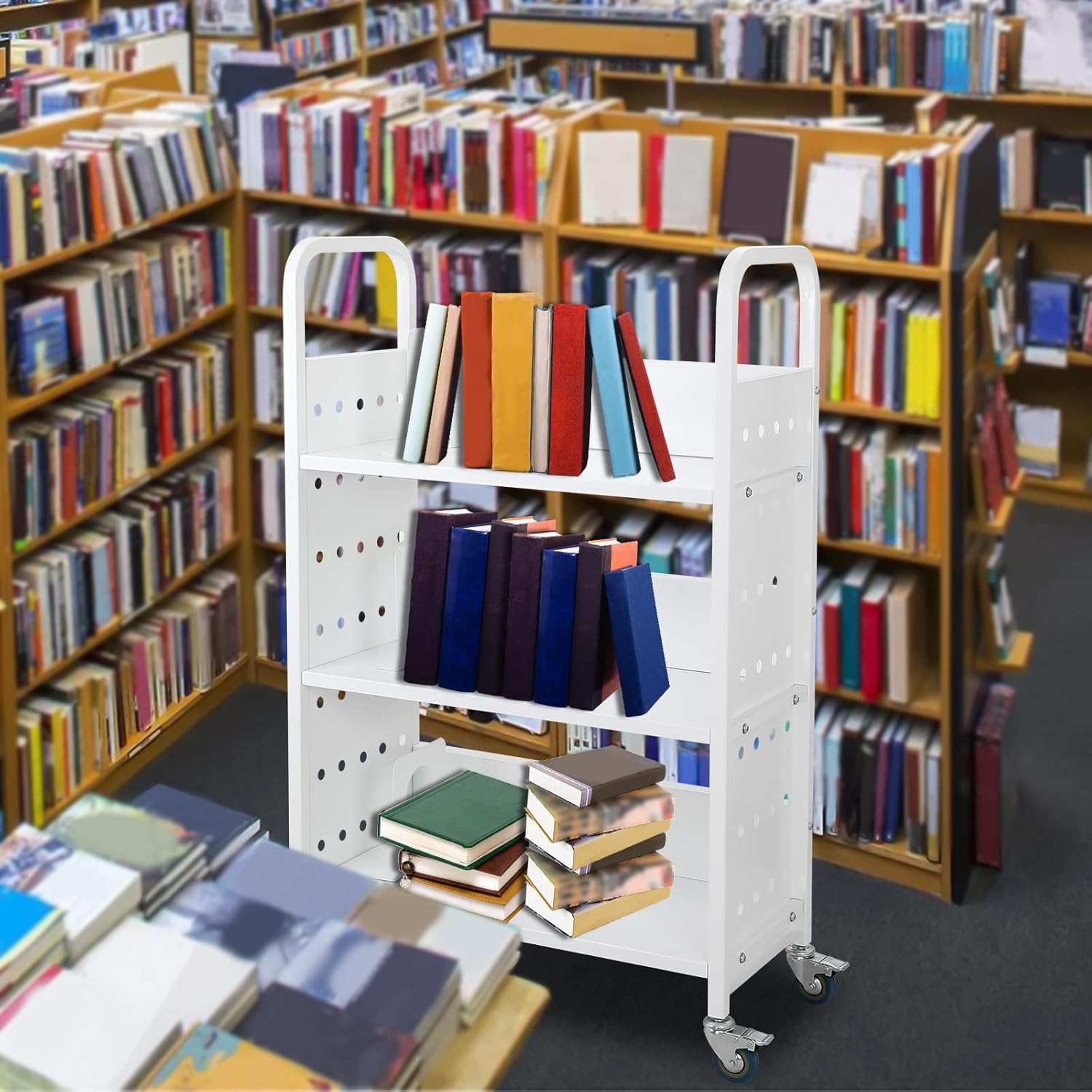 Black Steel Single-Sided L-Shaped Library Book Cart with Lockable Wheels