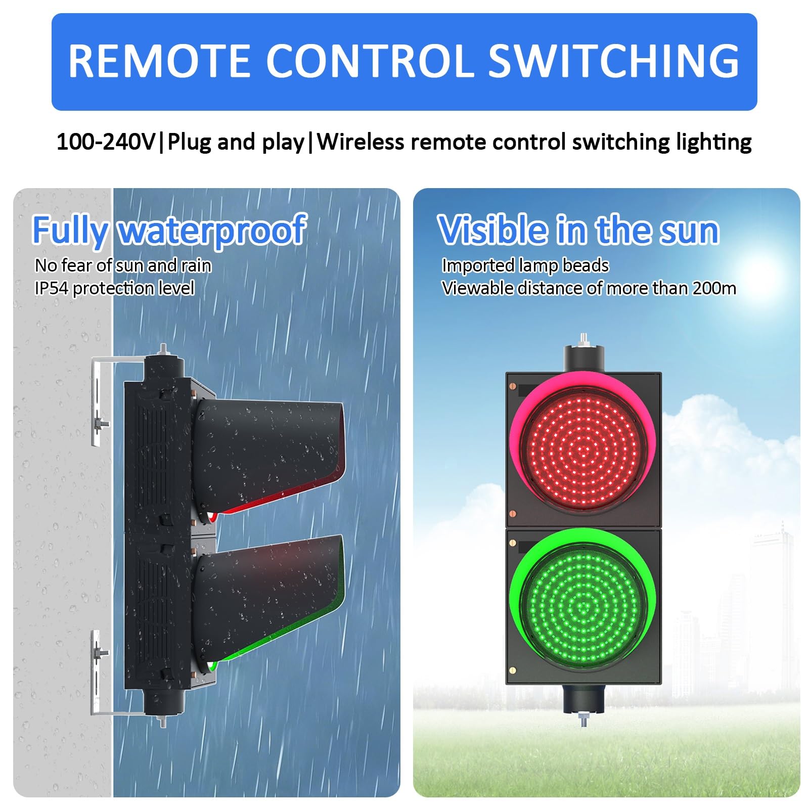Semáforo LED de 200mm, Luz de Freno Bicolor Rojo/Verde con Control Remoto, Lámpara de Señalización Industrial, 100-240V, Plug and Play, para Carreteras, Peajes, Luces Indicadoras, Resistente al Agua