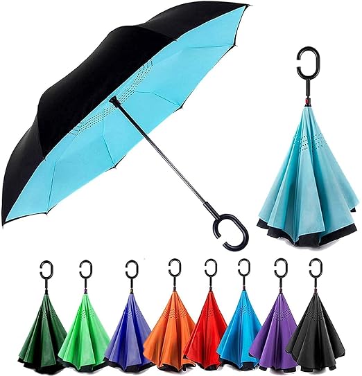 Natvar vreation Reverse Inverted Windproof Upside Down Umbrellas with C-Shaped Handle for Women and Men - Double Layer Inside Out Folding Umbrella