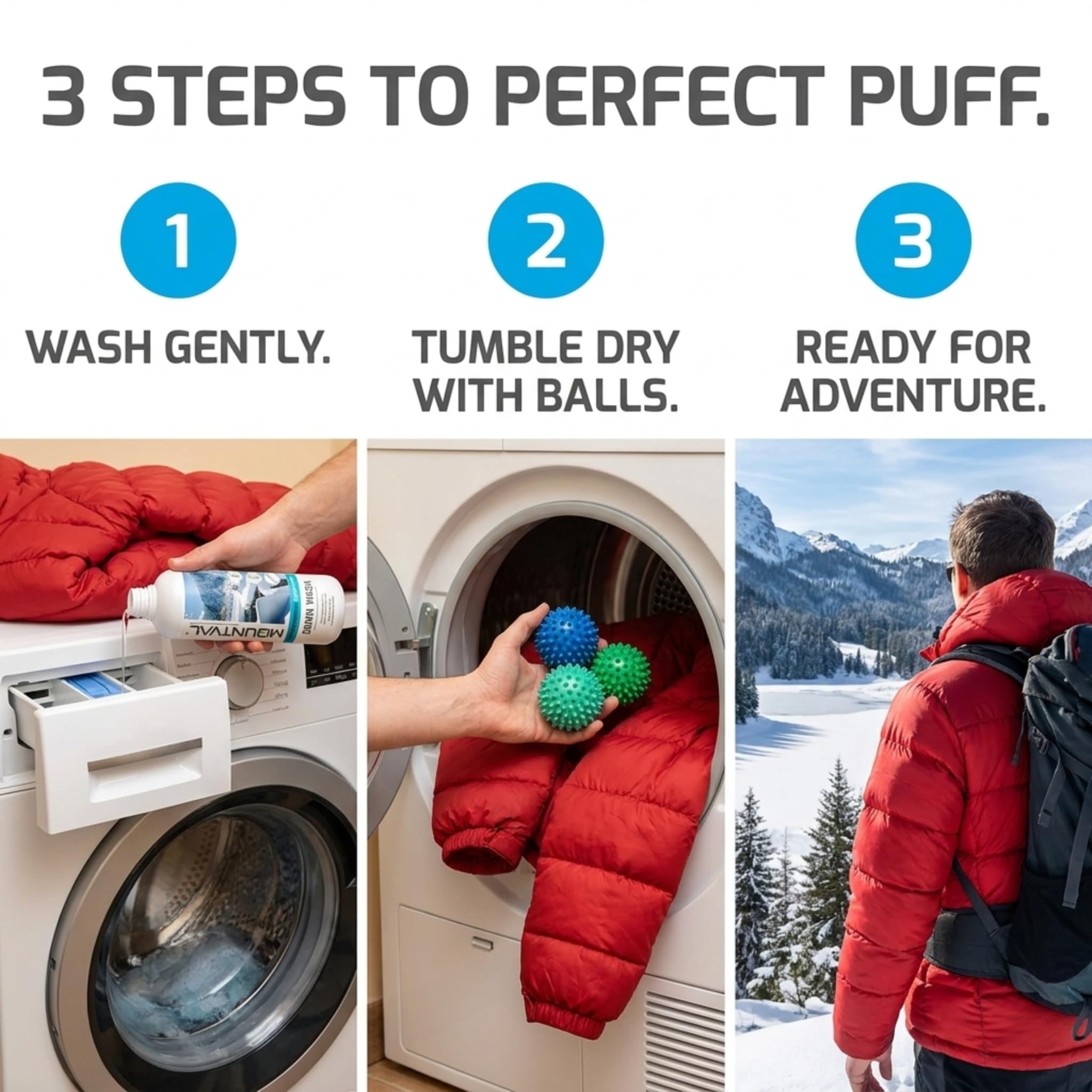 Zestaw Mountval Down Wash do Czyszczenia i Odnawiania Kurtek Puchowych, Śpiworów, Sprzętu Turystycznego | Delikatny Detergent do Prania i Kule do Suszenia | Idealny Środek Czyszczący do Puchu | 300ml
