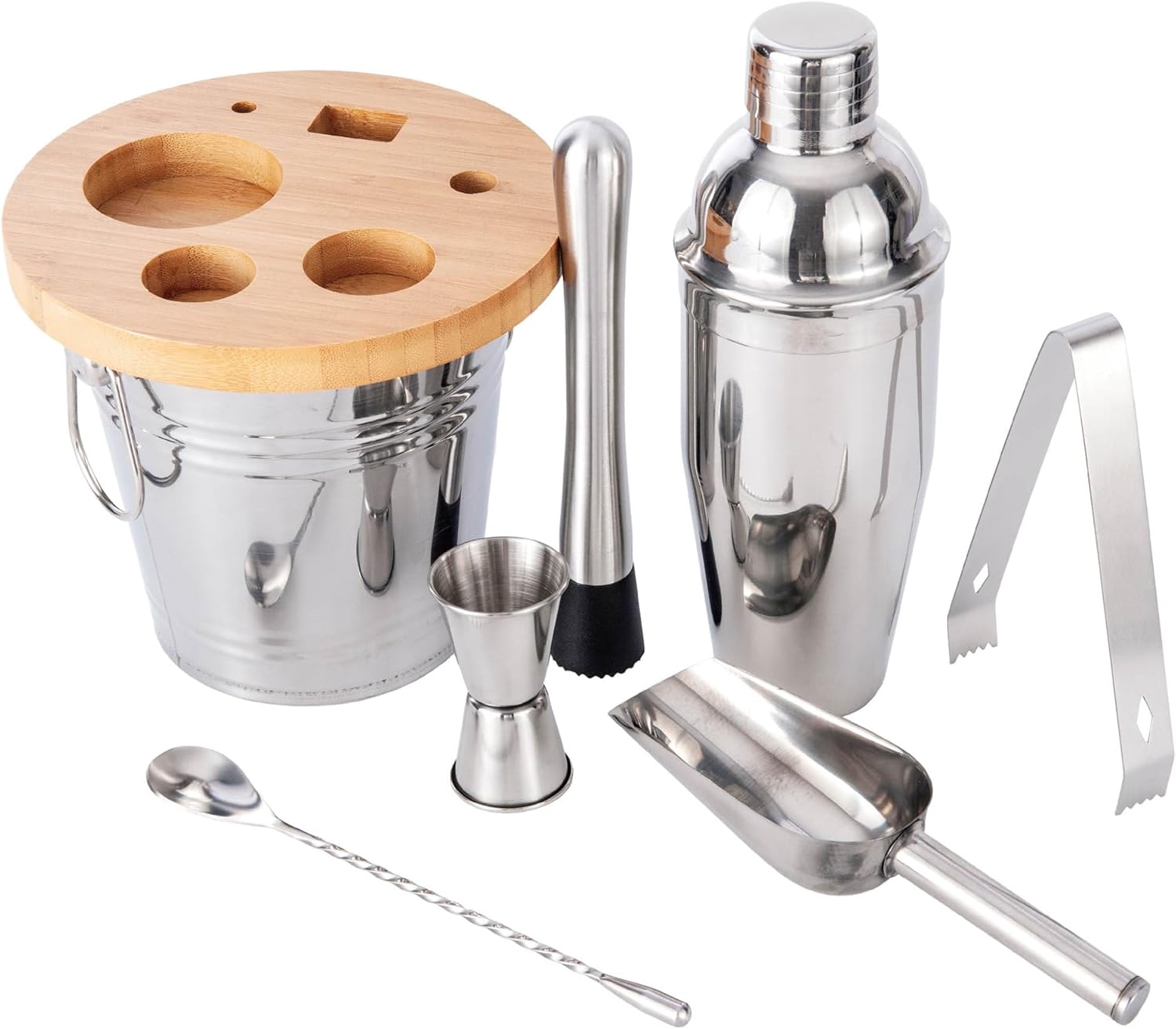 8-Pcs Cocktail Shaker Set Bartender Kit | Bar Set Drink Mixer Set with Ice Bucket and All Bar Accessory Tools: Martini Shaker, Jigger, Strainer, Mixer Spoon, Muddler, Liquor Pourers |Silver