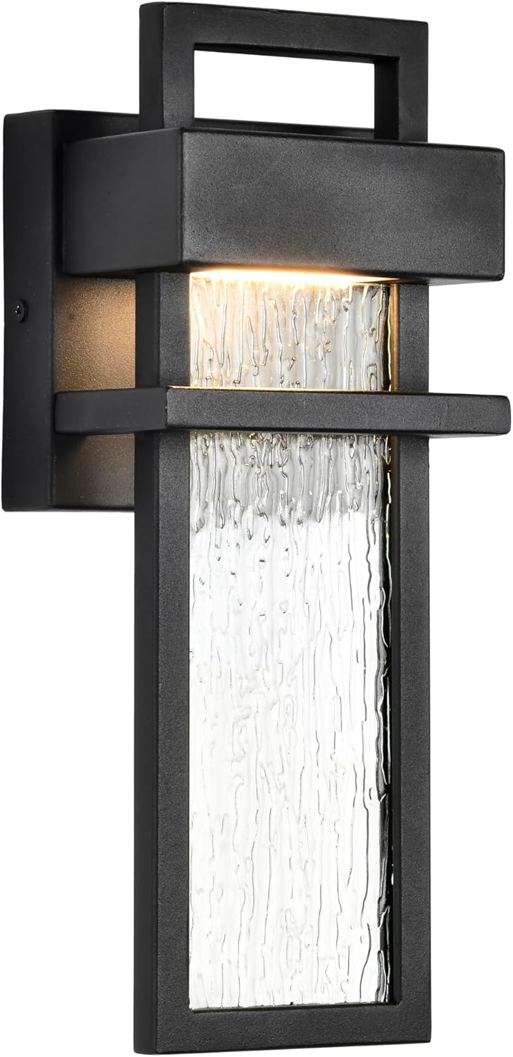 Alighting Modern LED Outdoor Wall Sconce,1430LM Integrated Wall Light with Water Ripple Glass,Black Hardwired Exterior Wall Light,3000K Warm White for Front Door, Garage & Porch