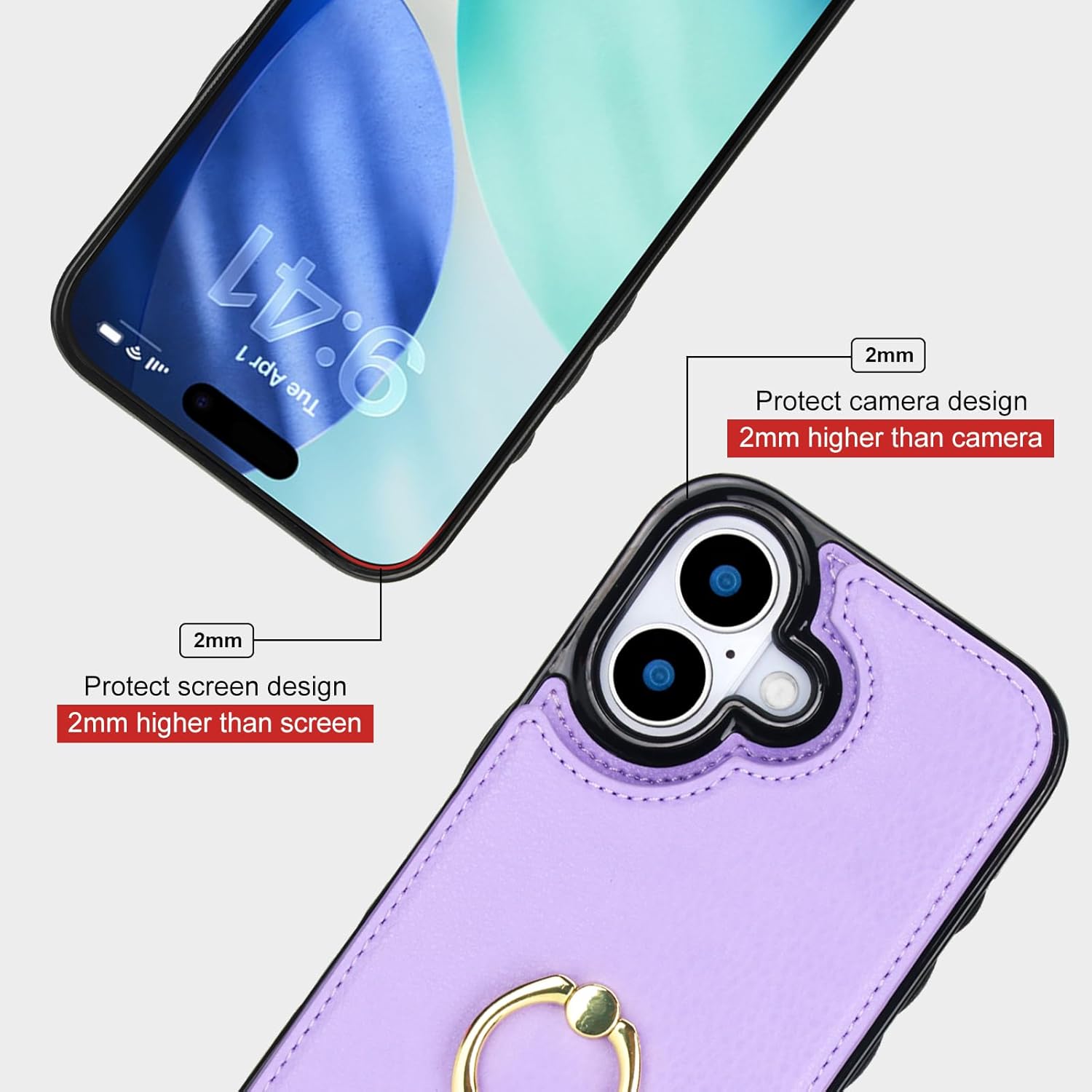 Folosu Compatible with iPhone 17 Case Wallet with Card Holder, 360°Rotation Finger Ring Holder Kickstand, RFID Blocking Leather Protective Double Buttons Shockproof Cover 6.3 Inch Purple - Image 8
