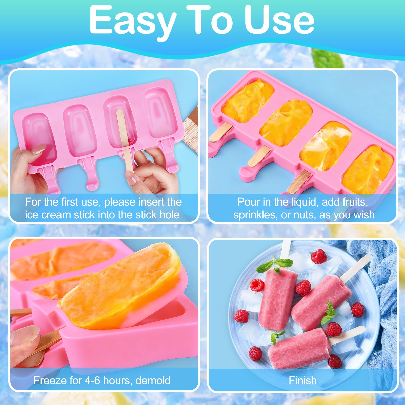 Silikonform für Eis am Stiel, 4 Mulden, ovale Cake-Pops-Form mit 150 Holzstäbchen für selbstgemachte Eiscreme, Eis, Kuchen, Rosa, Blau, Grün, 3 Stück