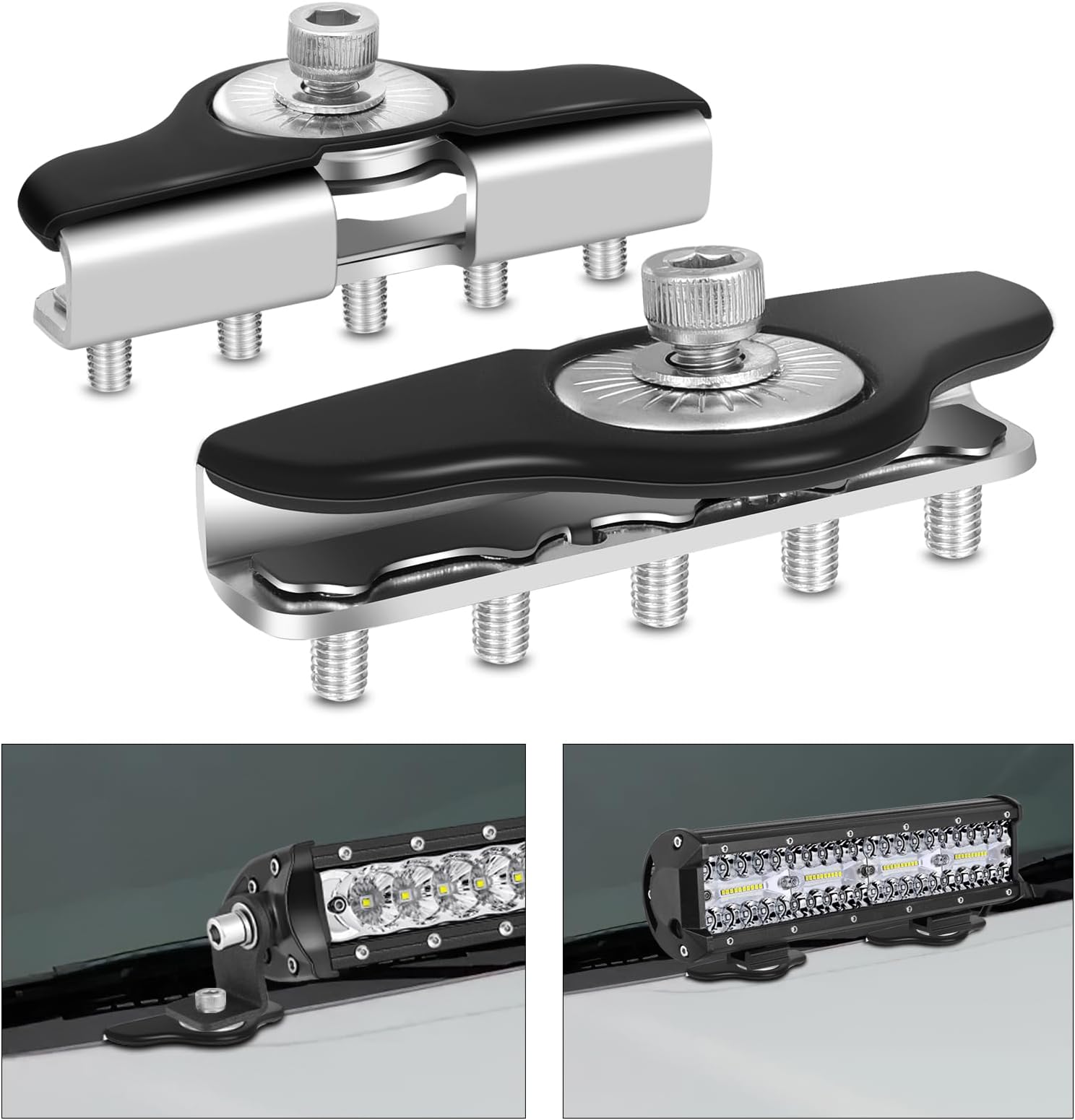 2PCS Light Bar Mounting Brackets LED Light Bar Bracket Hood Mounts Universal Driving Light Brackets Ditch Light Clamp Holder for Pickup Truck SUV, No Drilling, Silver