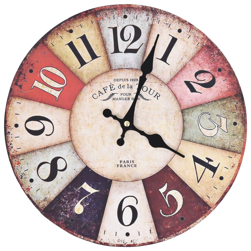 Vidaxl Colourful Vintage Wall Clock, 30 Cm Diameter, Multicolour Retro Design, Dial For Easy Visibility, Mdf Material, Lightweight, Battery Operated Large