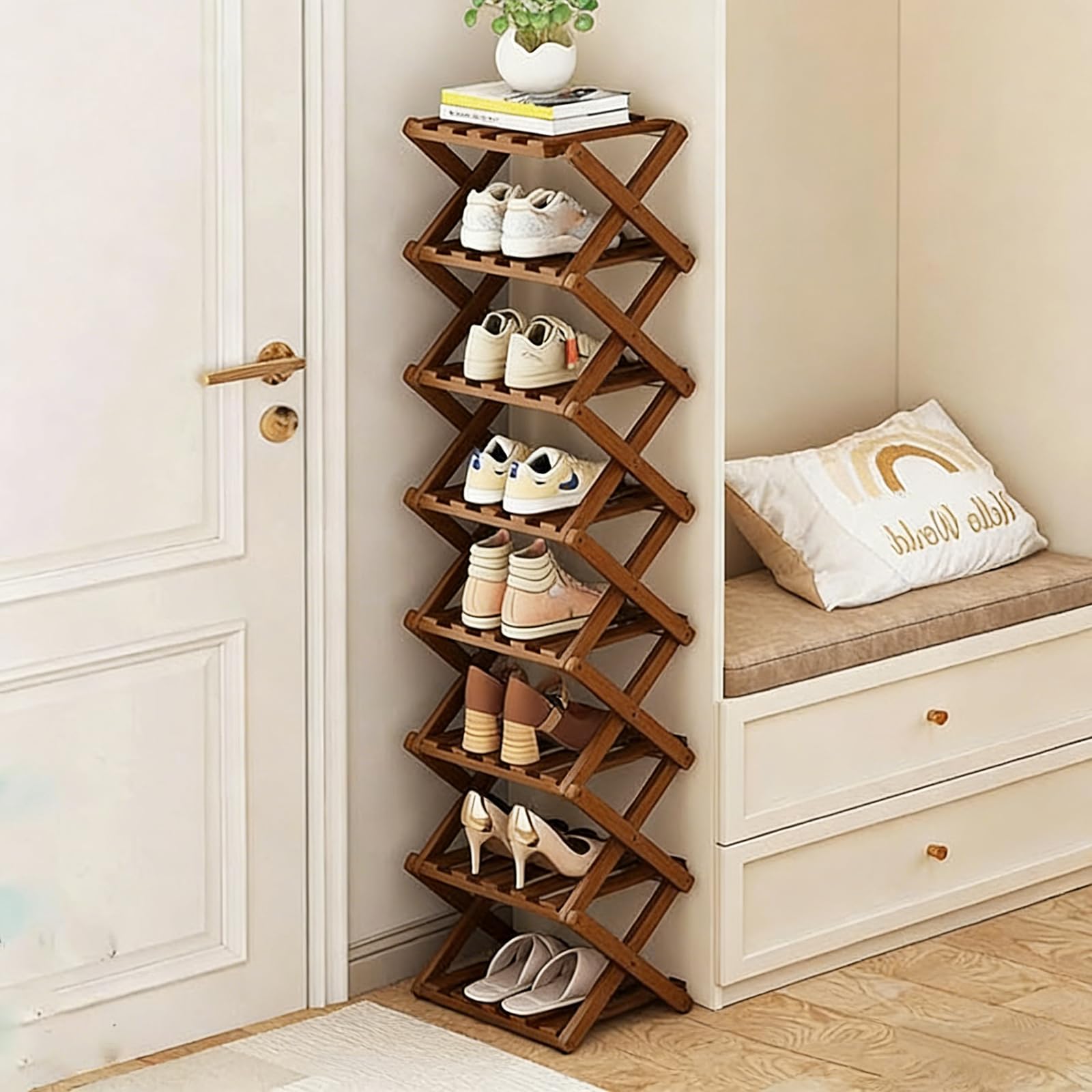 YYW Shoe Rack, Foldable Bamboo Shoes Shelf, Freestanding Shoe Storage Organiser for Entryway, Hallway, Bedroom, Closet, Natural Shoe Rack (8 Layers, Brown)