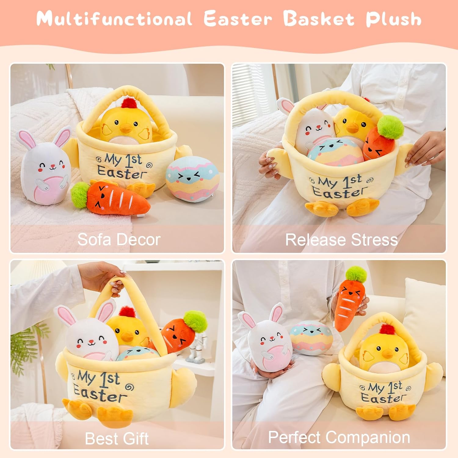TOYSYM My First Easter Basket Stuffed Playset 5PCS Plush Bunny Chick Carrot Egg Gift for Easter