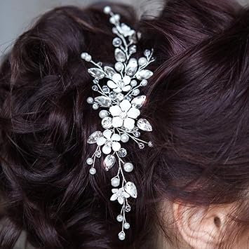 Aukmla Bride Wedding Hair Vine Crystal Bridal Hair Piece Silver Flower Hair Accessorise for Women and Girls HV-19