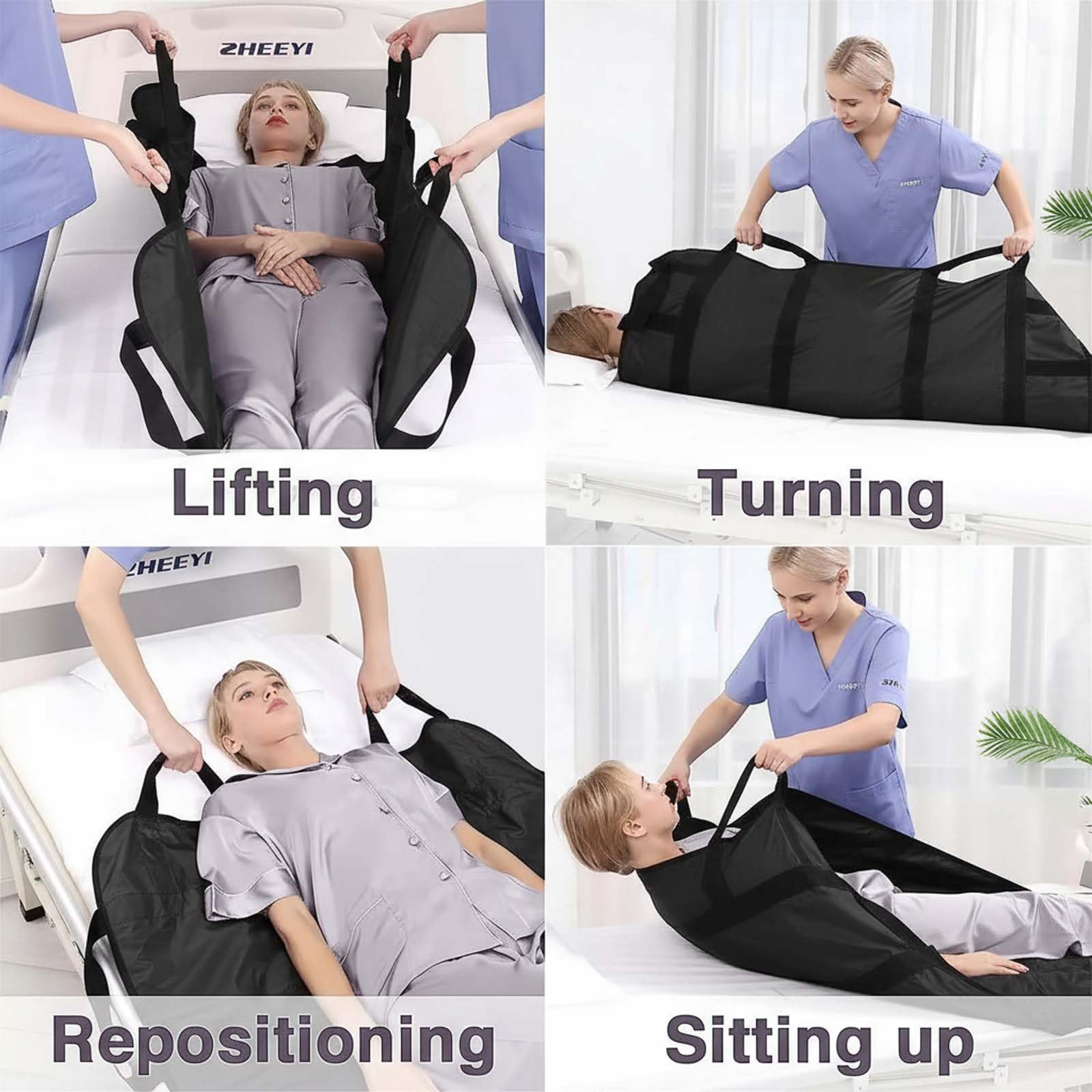 Sábanas de Transferencia Pacientes, Sábana Deslizante para Transferencia de Ancianos 120 x 100 cm, Almohadilla de Posicionamiento con 8 Asas Reutilizable Lavable (Negro)
