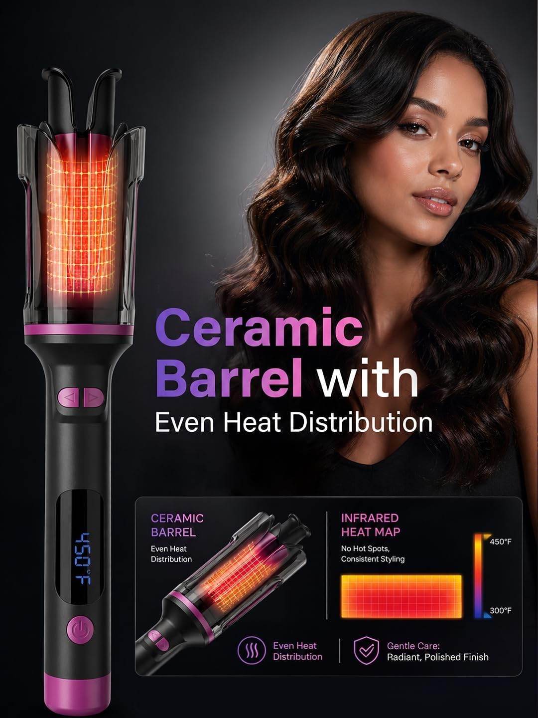 Automatic Curling Iron, 1 Inch Rotating Ceramic Hair Curler with 4 Temp Settings & Fast Heating, Anti-Scald & Anti-Tangle Auto Hair Wand for Long & Medium Hair, Professional Styling Tool