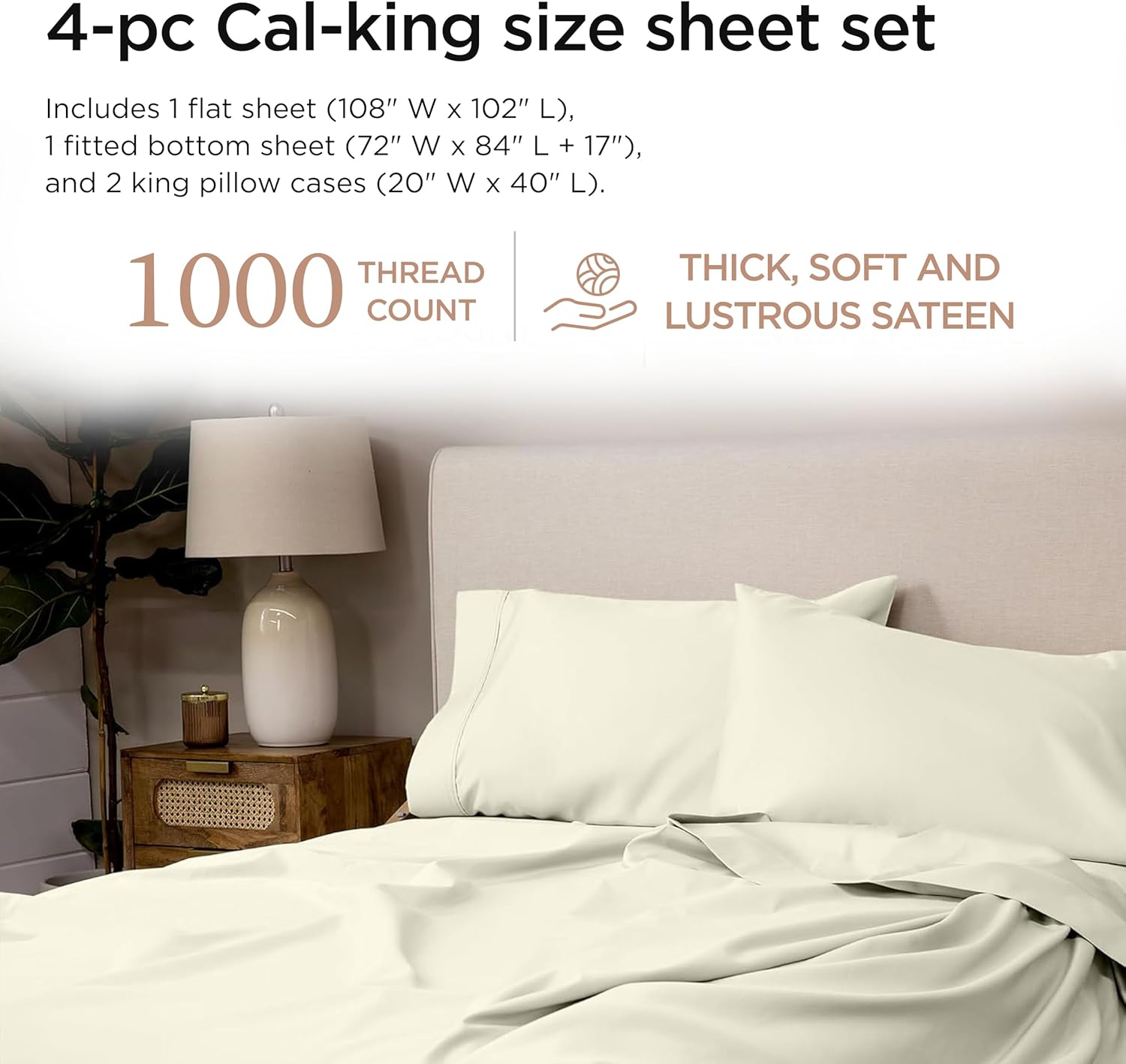 Threadmill Certified 100% American Supima Cotton Sheets, California King Sheet, 1000 Thread Count Hotel Quality Sateen Weave, 4 Pc Luxury Bed Sheet Set, Ivory Sheets with Elasticized Deep Pocket