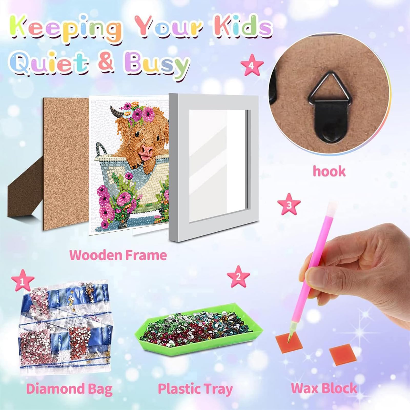 Viart Cow Diamond Art for Kids with Frame-Highland Cow Diamond Painting for Kids Animal Small Diamond Art Kits - Image 3