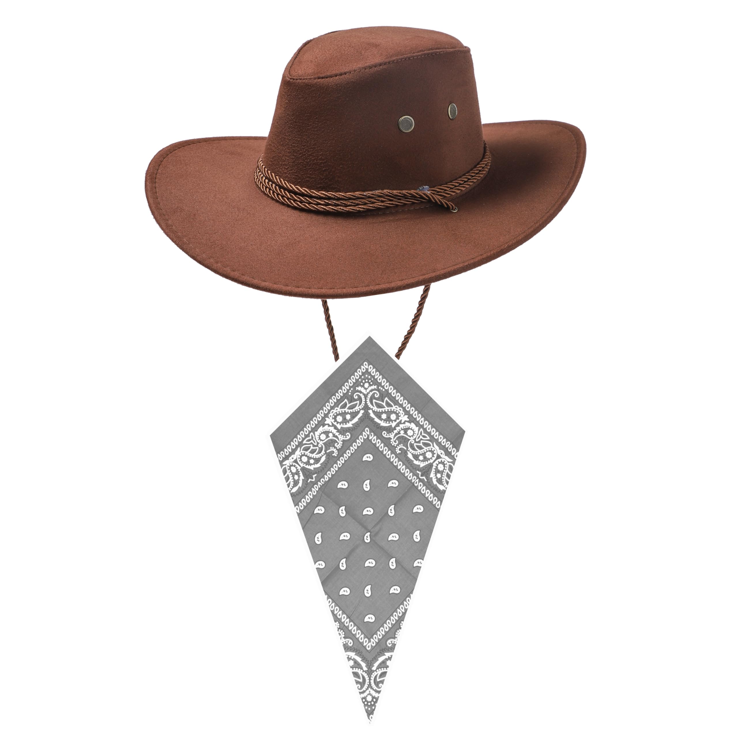 Dark Brown Cowboy Hat and Grey Bandana Western Sun Cap Faux Felt Leather Suede Fancy Dress Party Costume Outfit Neckscarf Sun Protection Mens Womens โ image 1