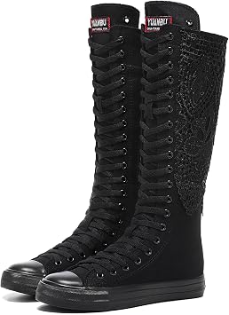 Momuk Fashion Girls Canvas Boots Knee High Sneakers Causal School Shoes Applicable for Both School Dresses or Casual Occasions for Women Size 11 BM US Black